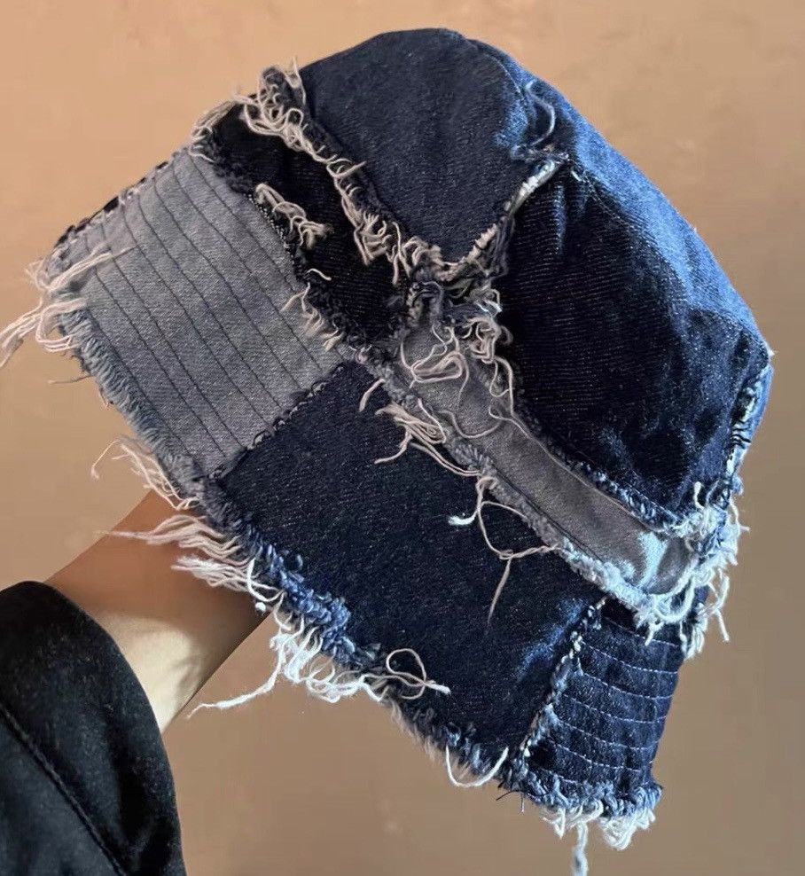 Japanese Brand Y2K retro denim patchwork distressed raw bucket hat Size ONE SIZE - 6 Thumbnail