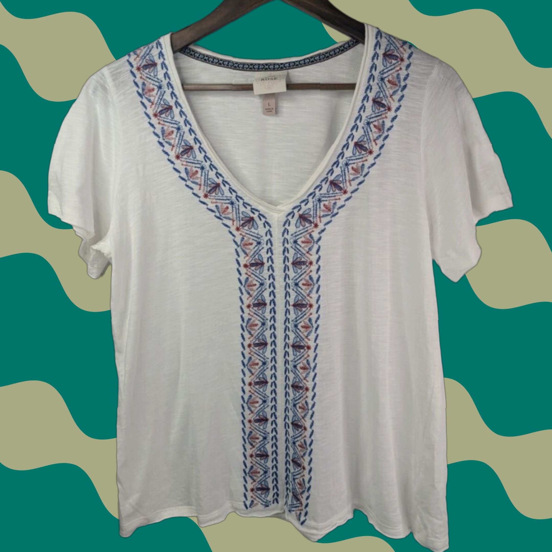 Vintage VINTAGE? No — Use Knox Rose Women’s Large White Embroidered Short Sleeve V Neck Boho Peasant Top Size L / US 10 / IT 46 - 1 Thumbnail