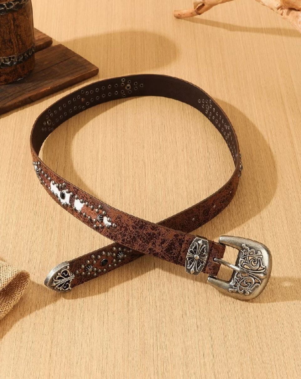 Japanese Brand Brown colour retro style carved rivet belt Size ONE SIZE - 4 Thumbnail