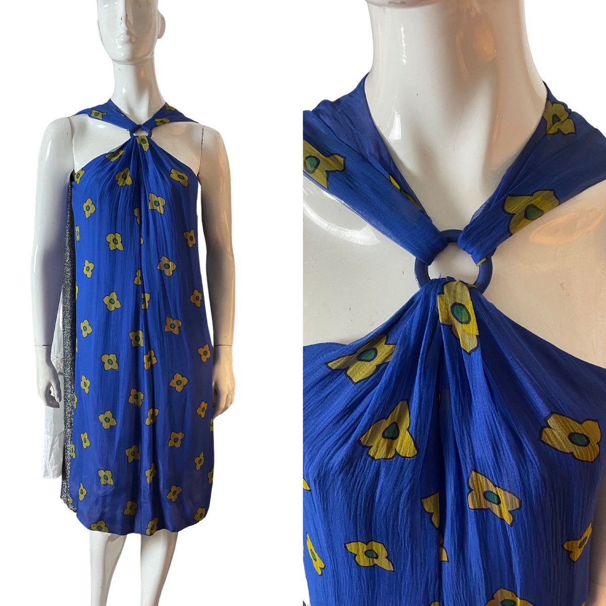 image of 1960S Vintage Jane & Jane London Silk Flower Print Dress in Blue, Women's (Size XS)