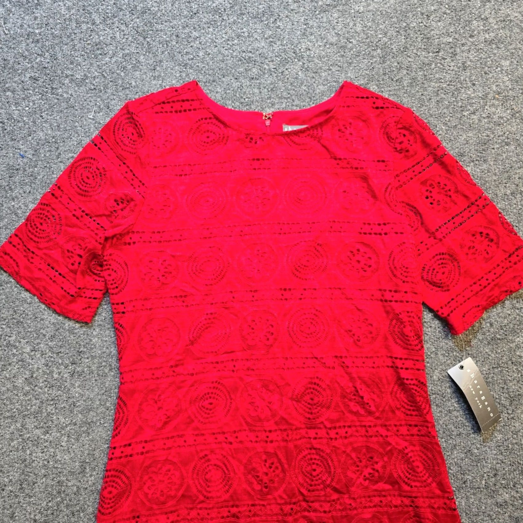 Vintage Sharagano Dress Womens Size 12 Red Lace Stretch Fitted Midi Cocktail Dressy Pencil Sheath Dress Size XL / US 12-14 / IT 48-50 - 2 Thumbnail