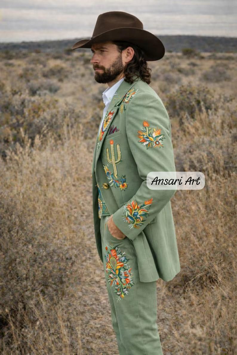 Other Men 3PC Customized Floral Embroidery western Nudie outfit Size 46R - 3 Thumbnail