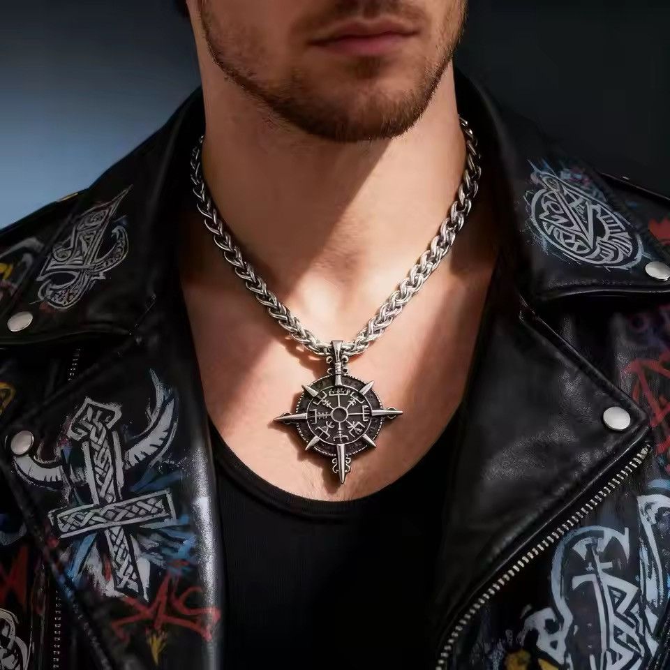 Jewelry Silver Viking Compass Pendant Chain Necklace Size ONE SIZE - 1 Thumbnail
