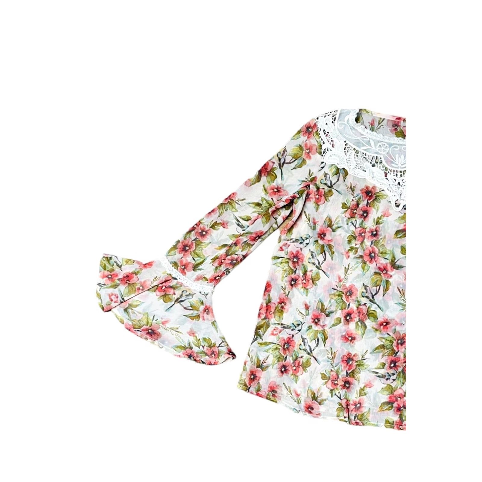 Disney Disney LC Collection Snow White Blouse Womens Small Floral Pink Long Sleeve Balloon Fringe Multicolor Polyester Blend Round Neck Regular Shirt Size S / US 4 / IT 40 - 2 Thumbnail