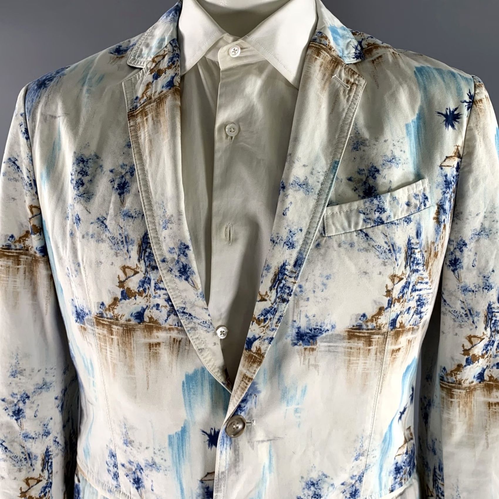 Dolce & Gabbana D&G by DOLCE & GABBANA Sport Coat 44 White Blue Brown Tropical Print Cotton Notch Lapel Men Blazer Size 44R - 2 Thumbnail
