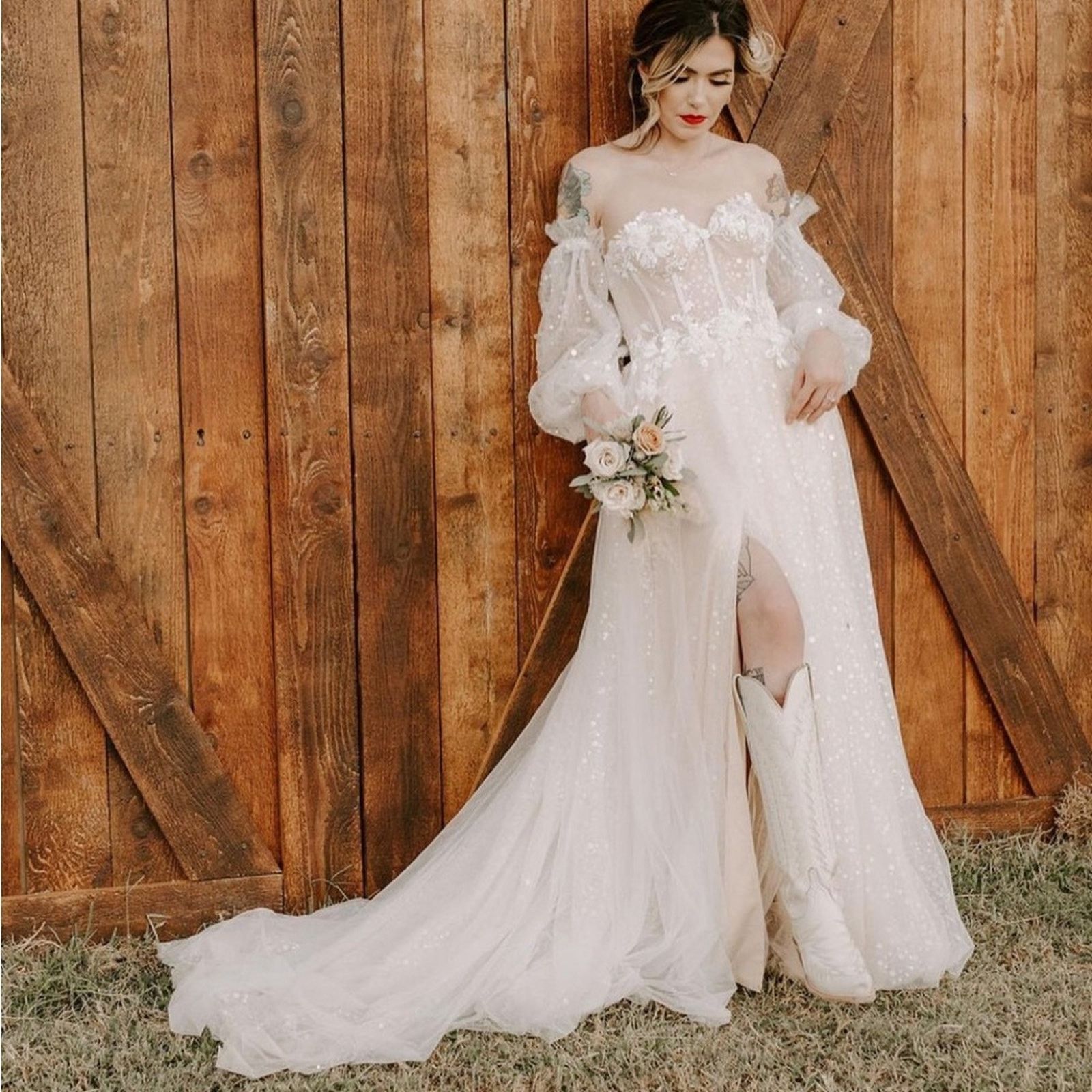 Anthropologie Sparkle Sheer Lace Sleeve Corset Wedding Dress Bridal Gown Size XL / US 12-14 / IT 48-50 - 2 Thumbnail