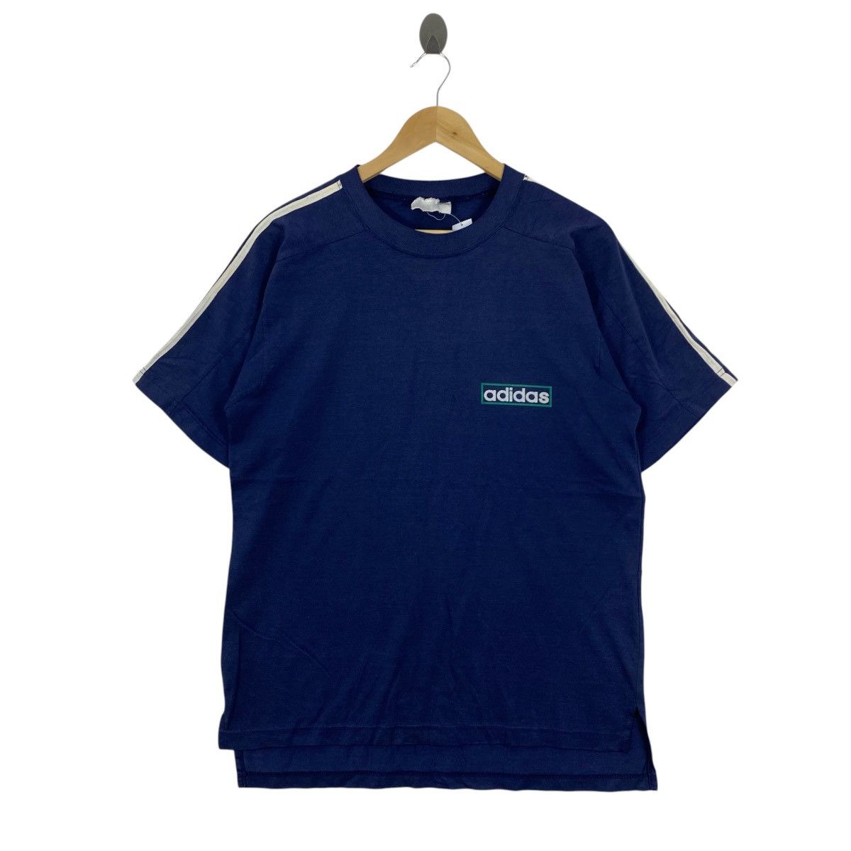 Adidas Vintage 90s Adidas 3 Stripe Sleeve Tee Navy Green L Trefoil Size US L / EU 52-54 / 3 - 1 Thumbnail