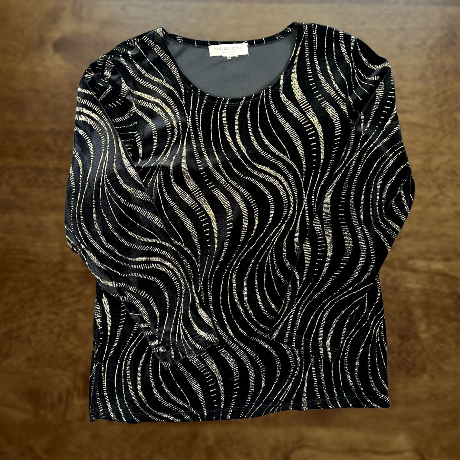 Vintage Notations Blouse Womens XL Petite Black Gold Metallic Velvet 3/4 Sleeve Top Size XL / US 12-14 / IT 48-50 - 1 Thumbnail