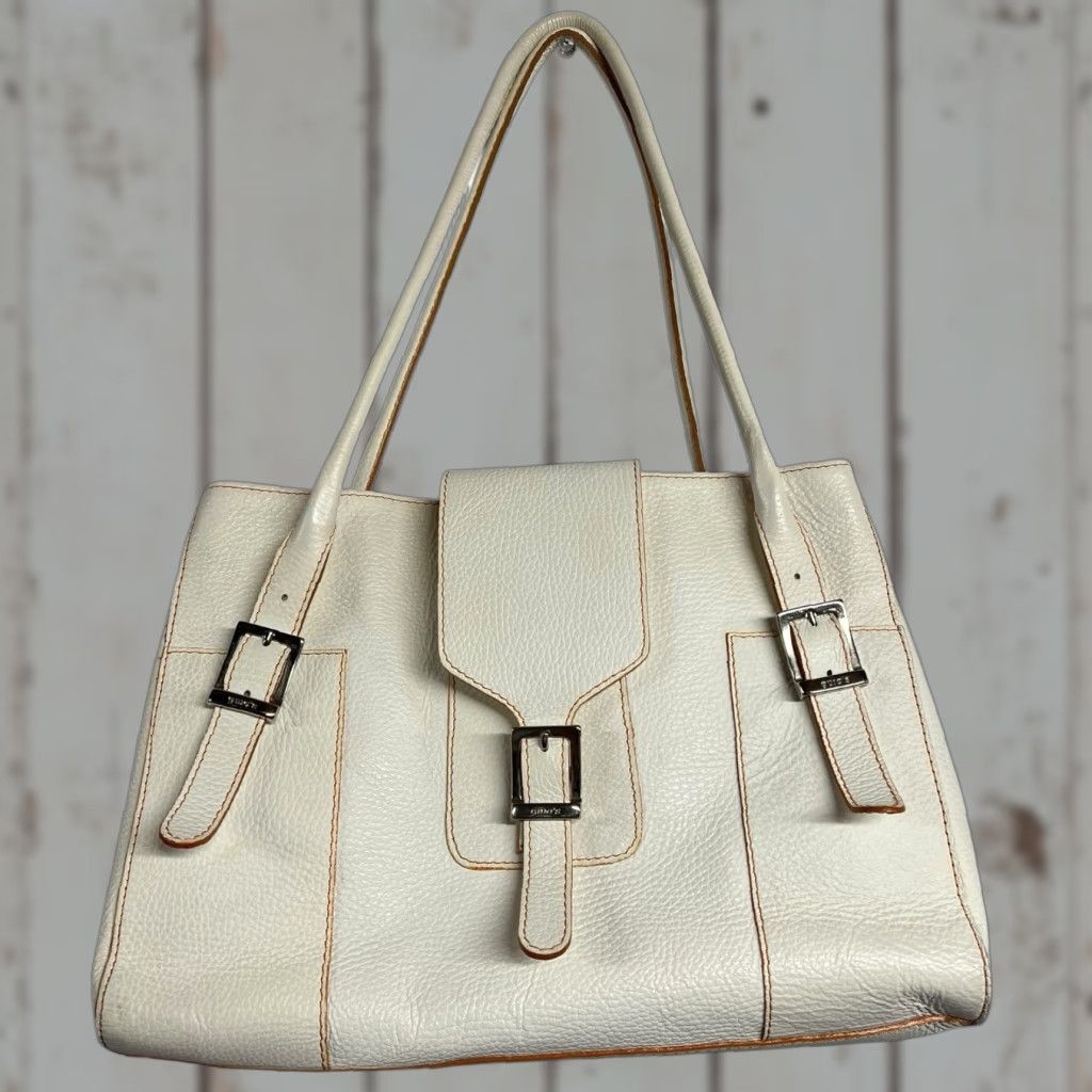 Vintage GuiaS Italian Leather Shoulder Bag - Medium White Baguette With Double Handles - Solid Rectangle - Business, Casual, Formal - Womens