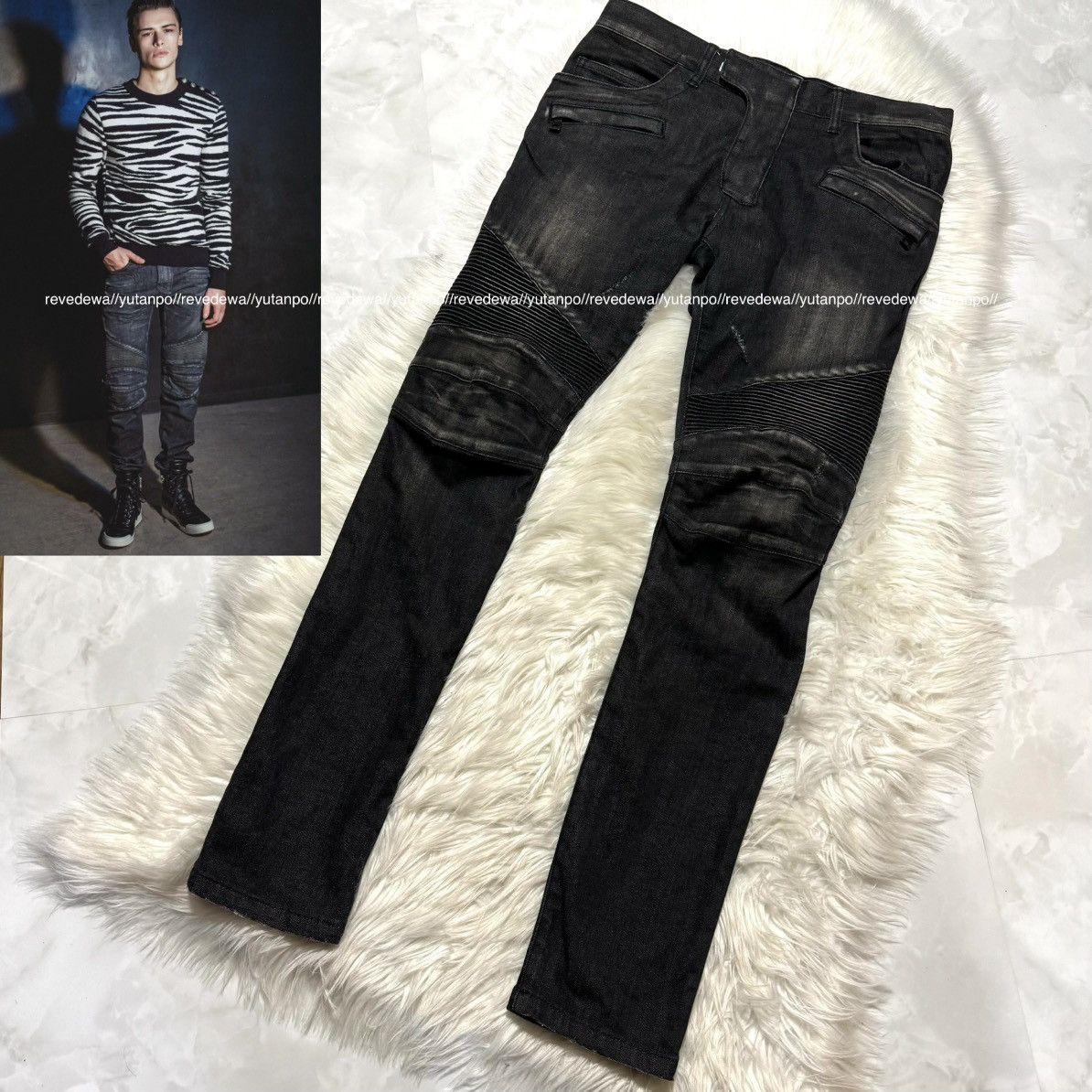 image of Balmain Homme Distressed Stretch Biker Denim Pants Jeans in Black, Men's (Size 30)