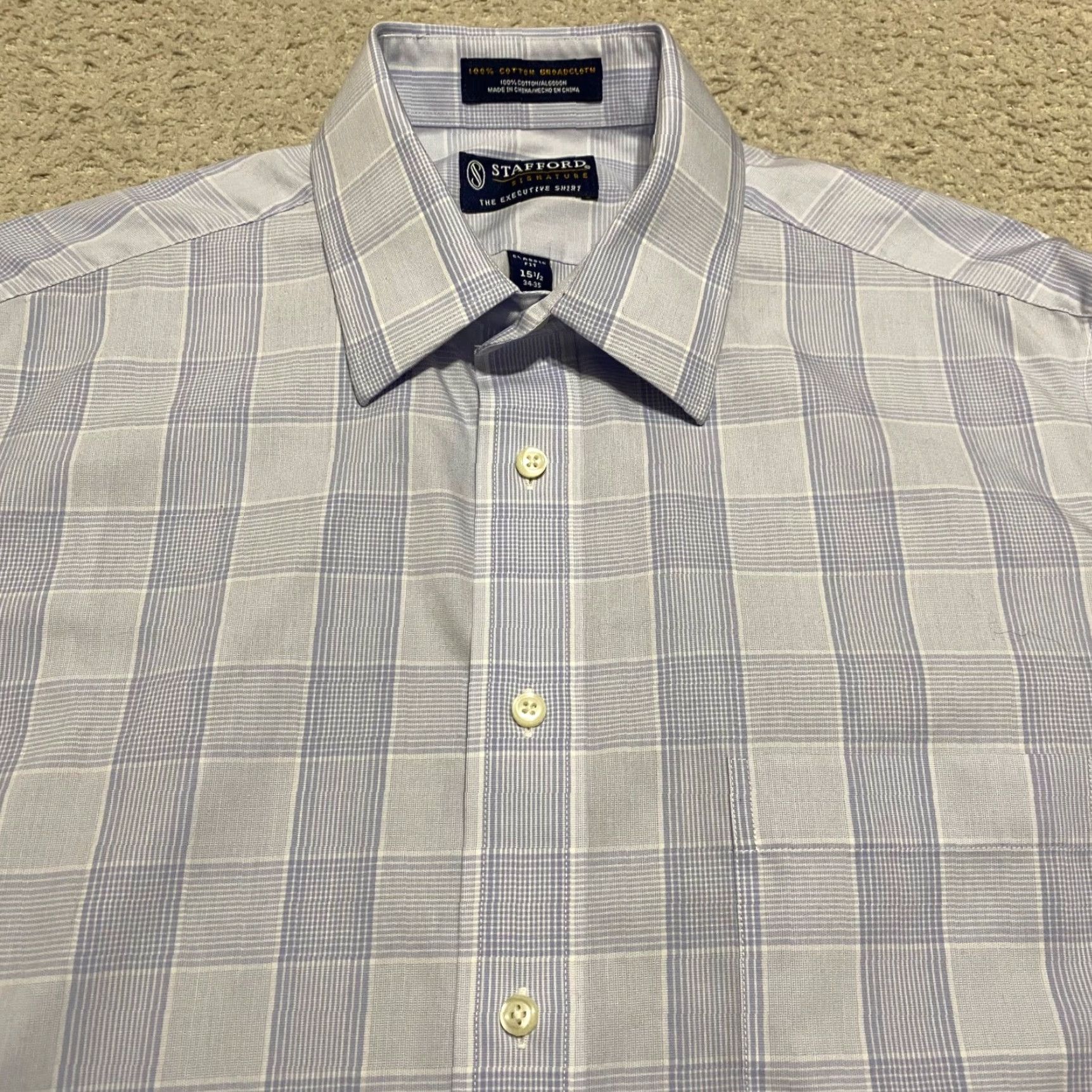 Stafford Stafford Dress Shirt Blue Plaid Long Sleeve Button-Front Classic Mens 15.5 100% Cotton Shirt Size 42R - 6 Thumbnail