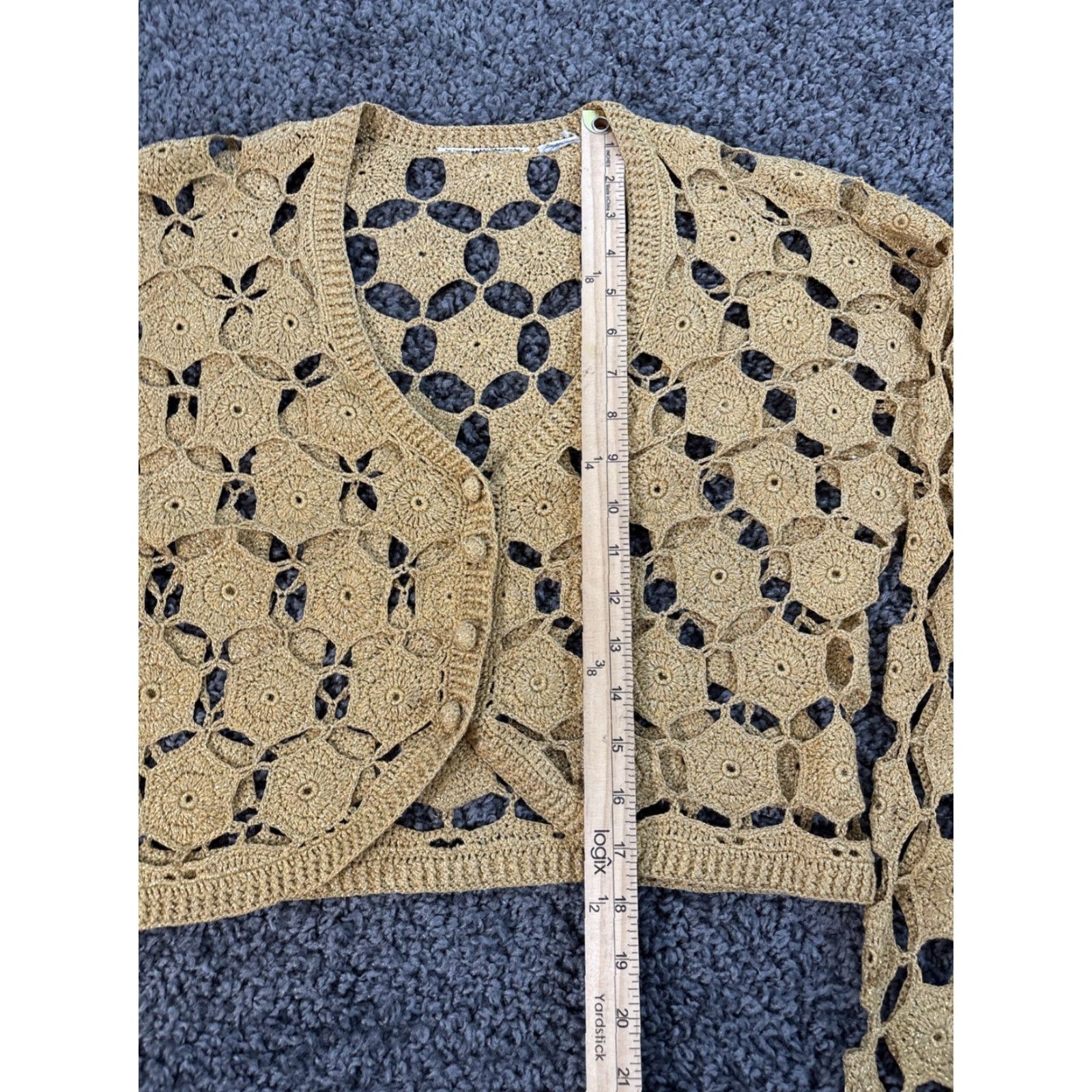 Vintage VINTAGE Cardigan Womens Large L Open-Knit Bohemian Gold Sparkle 90s Boho Womens Cardigan L Gold Sparkle V-Neck Cropped Open Knit Size L / US 10 / IT 46 - 2 Thumbnail