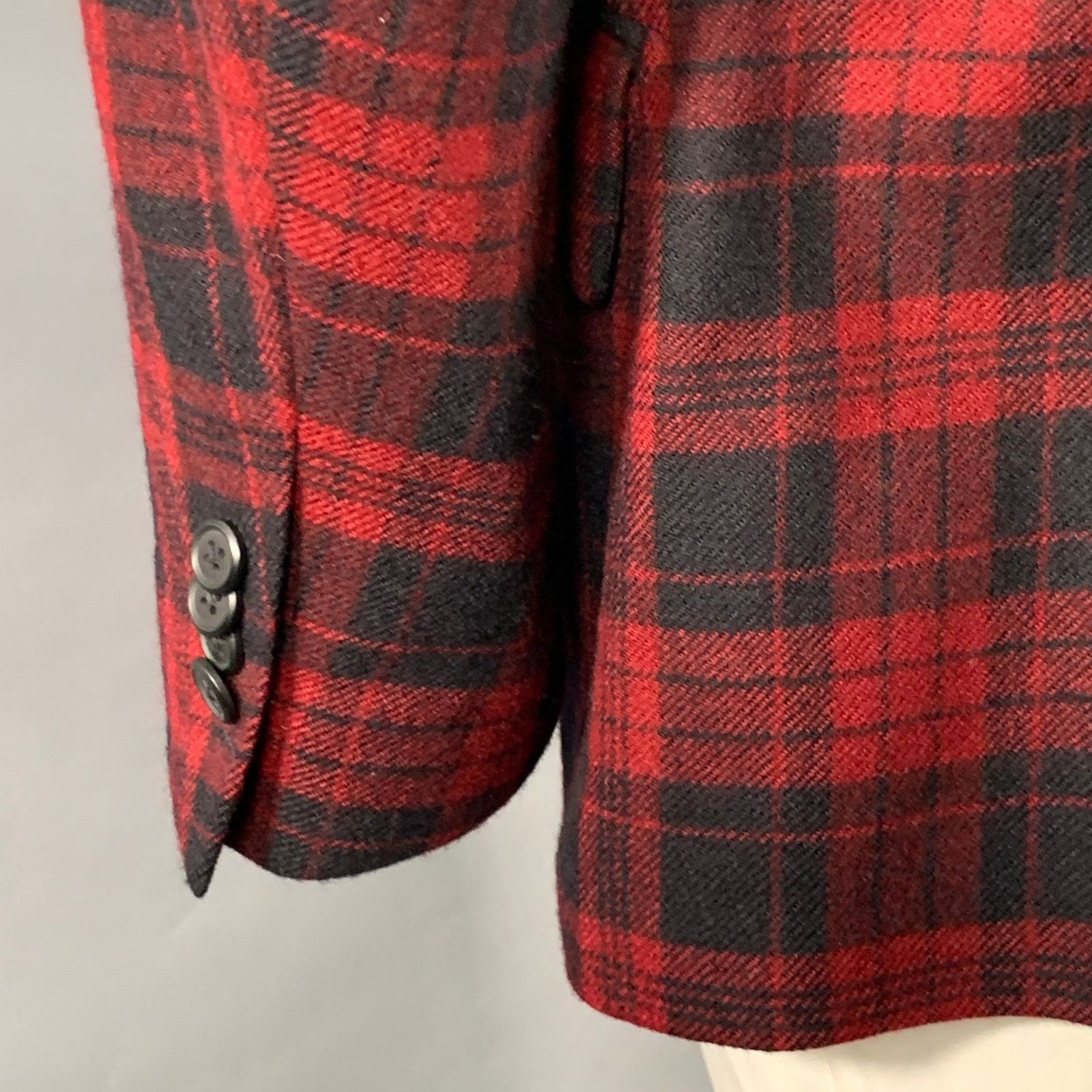 Paul Fredrick Red Black Plaid Wool Tailored Fit Notch Lapel Sport Coat Size 44R - 4 Thumbnail