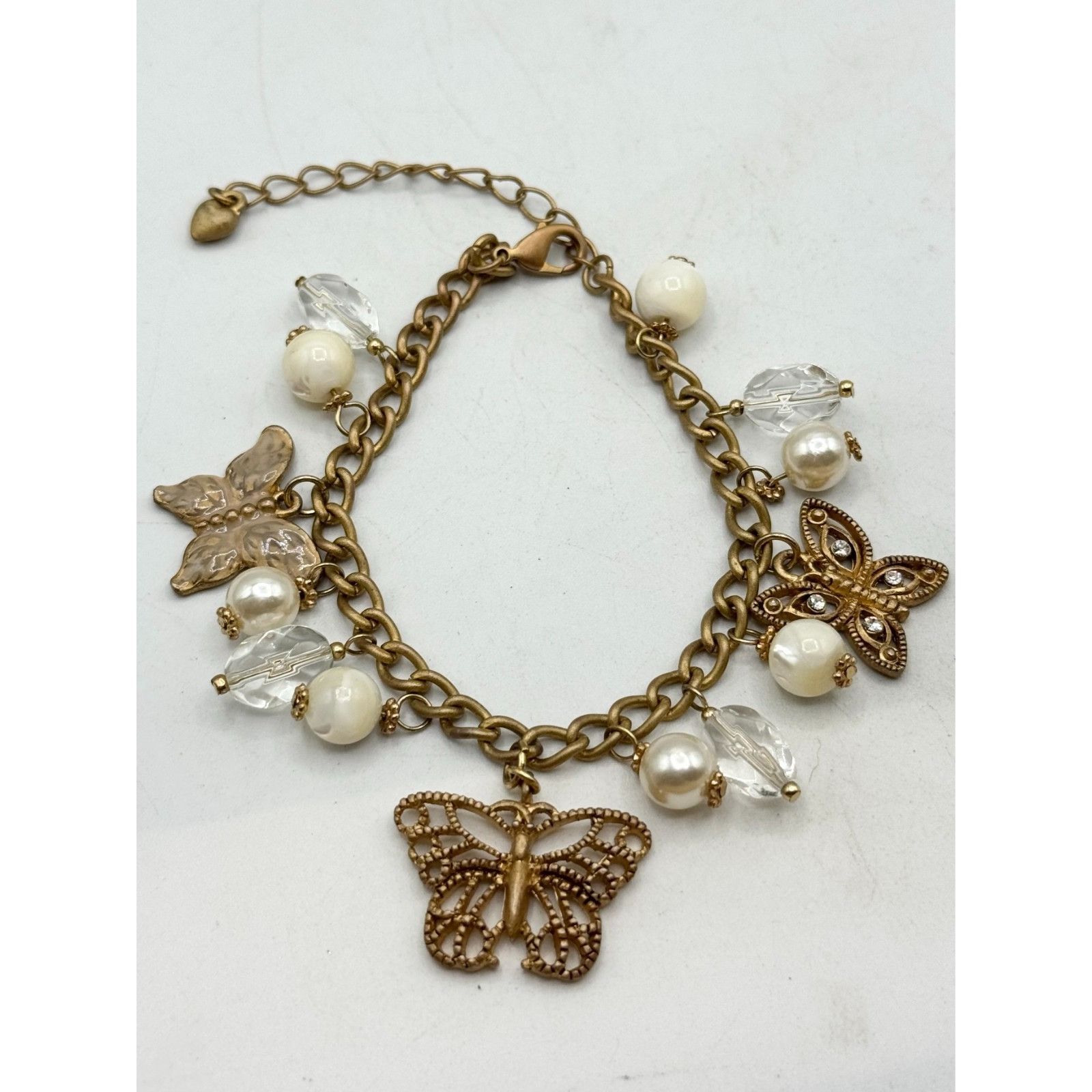 Vintage Vintage gold butterfly crystal pearl charm bracelet Size ONE SIZE - 3 Thumbnail