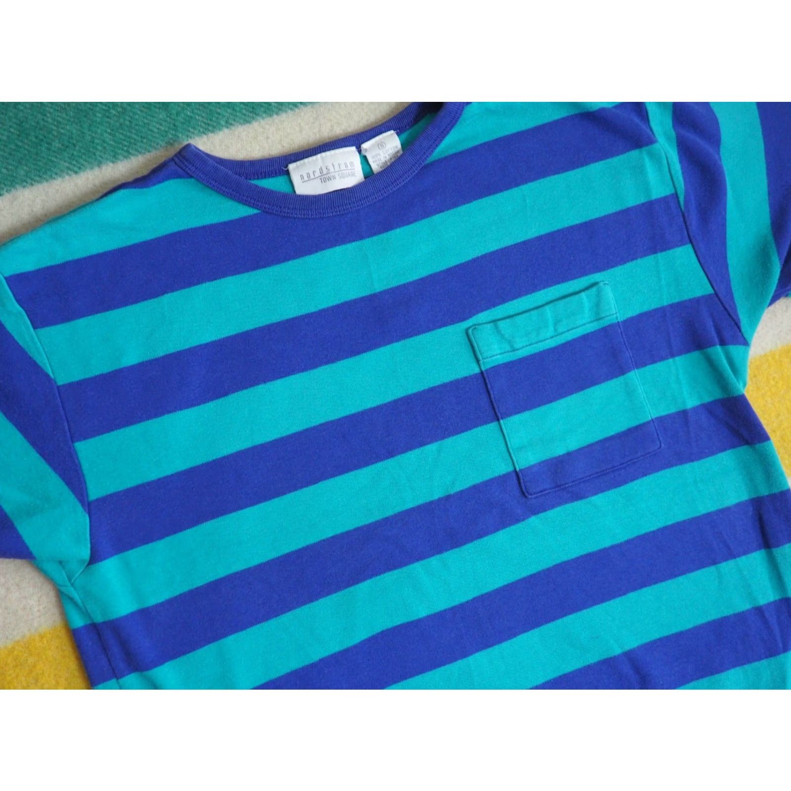 Nordstrom VTG 80s Nordstrom Teal Purple Striped Essential Pocket Crop Boxy Tee T-Shirt S Shirt Unisex Cotton Short Sleeve 1980s Size US S / EU 44-46 / 1 - 3 Thumbnail