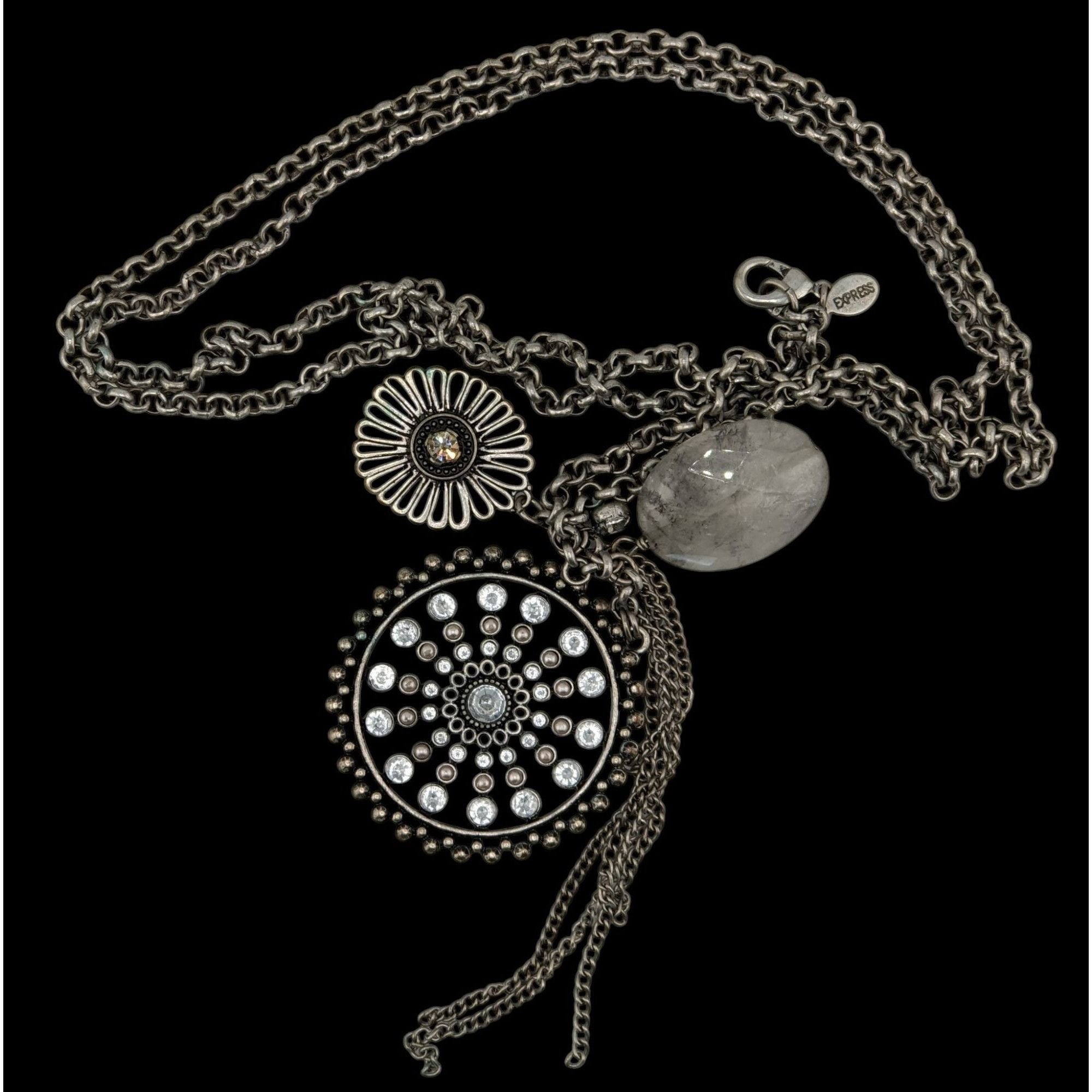 Express Express Y2K Glam Medallion Long Silver-Tone Layered Pendant Size ONE SIZE - 3 Thumbnail