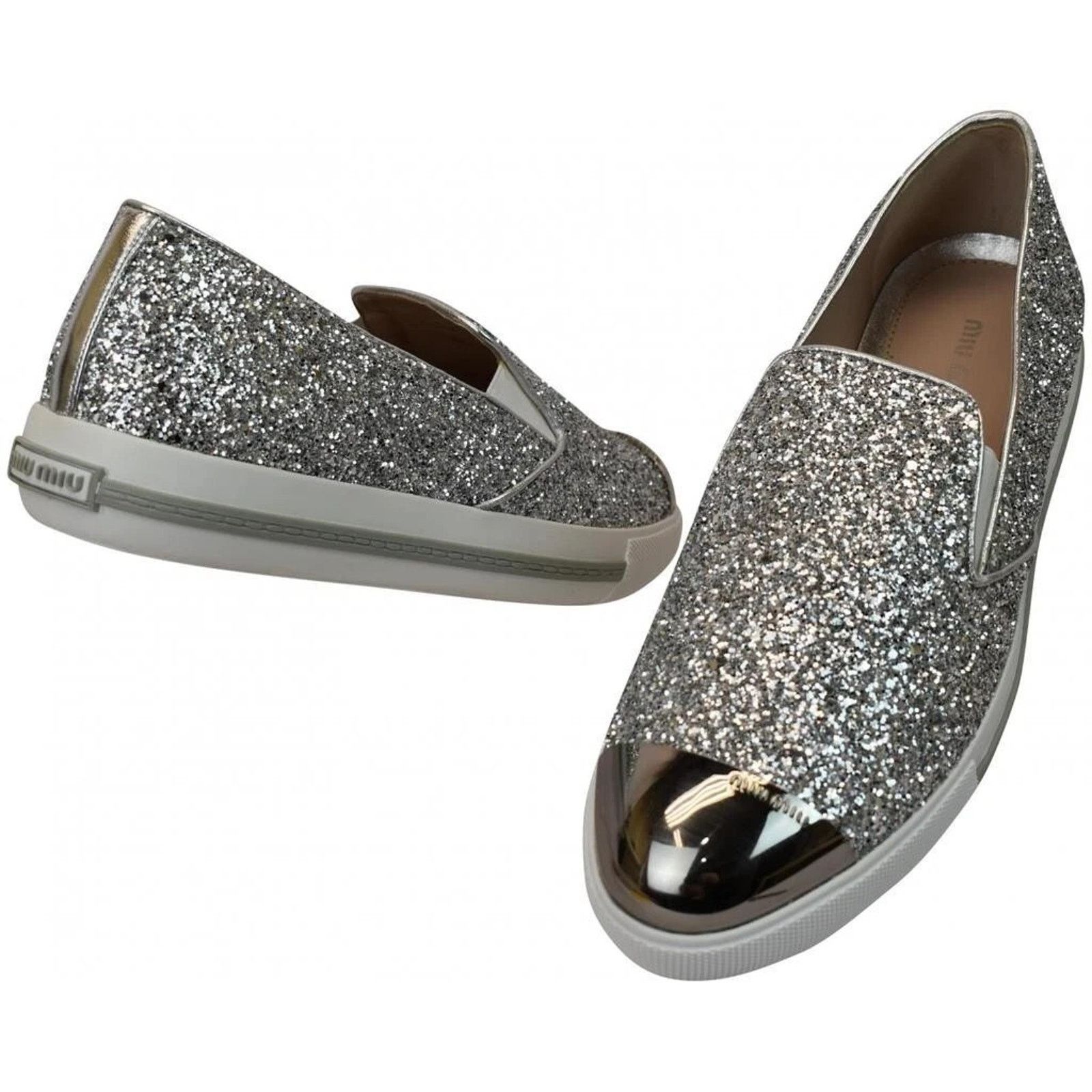 Miu Miu MIU MIU PRADA SILVER GLITTER METAL CAP TOE LOGO SNEAKERS 41 Size US 11 / IT 41 - 4 Thumbnail