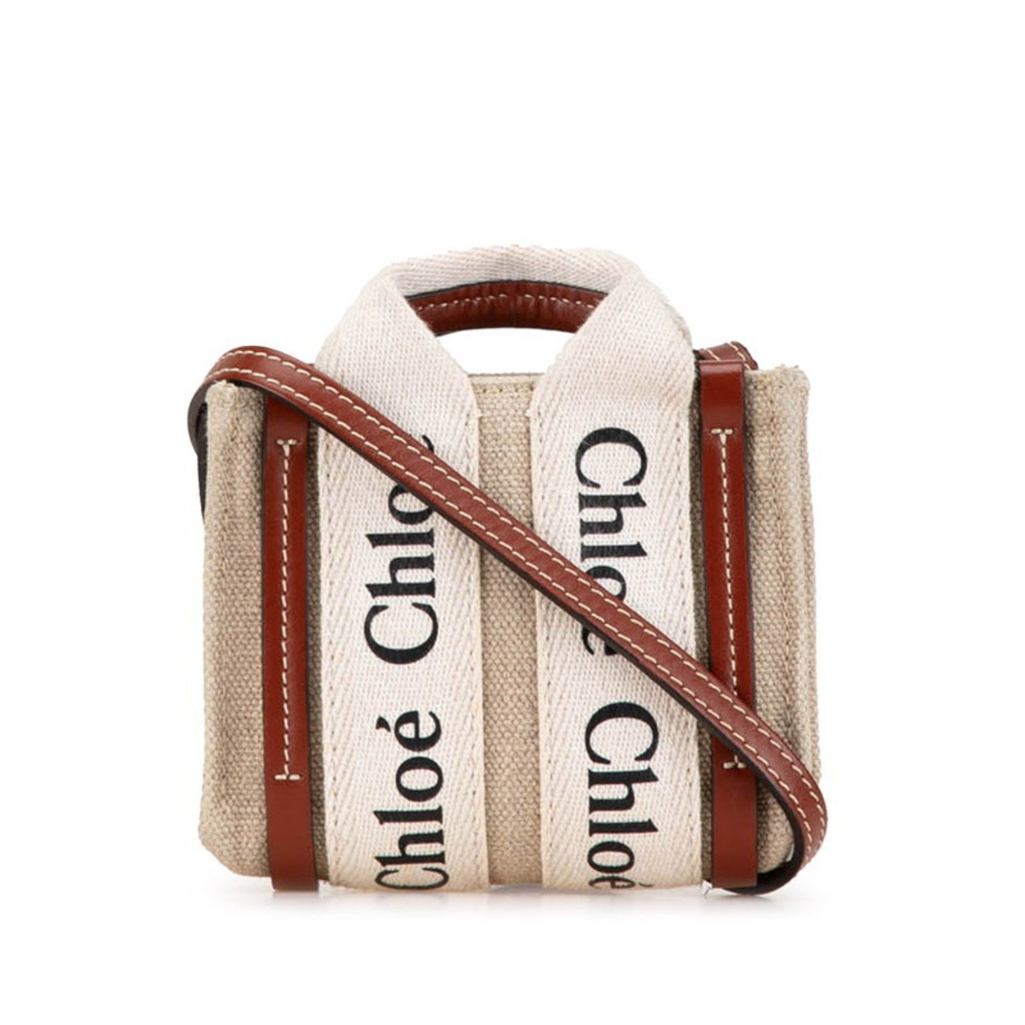 Chloe Chloé Chloe Woody Nano Handbag Shoulder Bag Beige Canvas Leather Women's Size ONE SIZE - 1 Thumbnail