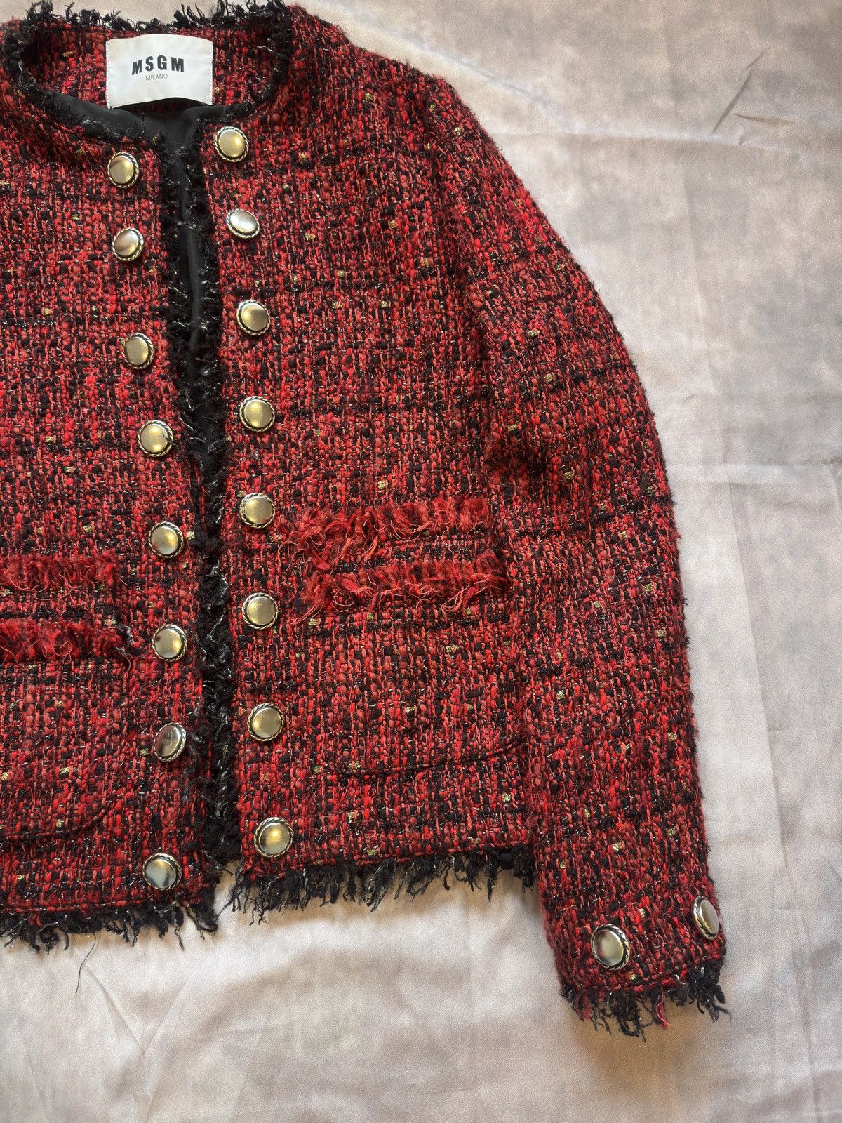 MSGM MSGM Red Tweed Fringed Jacket / Boucle Blazer with Buttons Size XL / US 12-14 / IT 48-50 - 4 Thumbnail