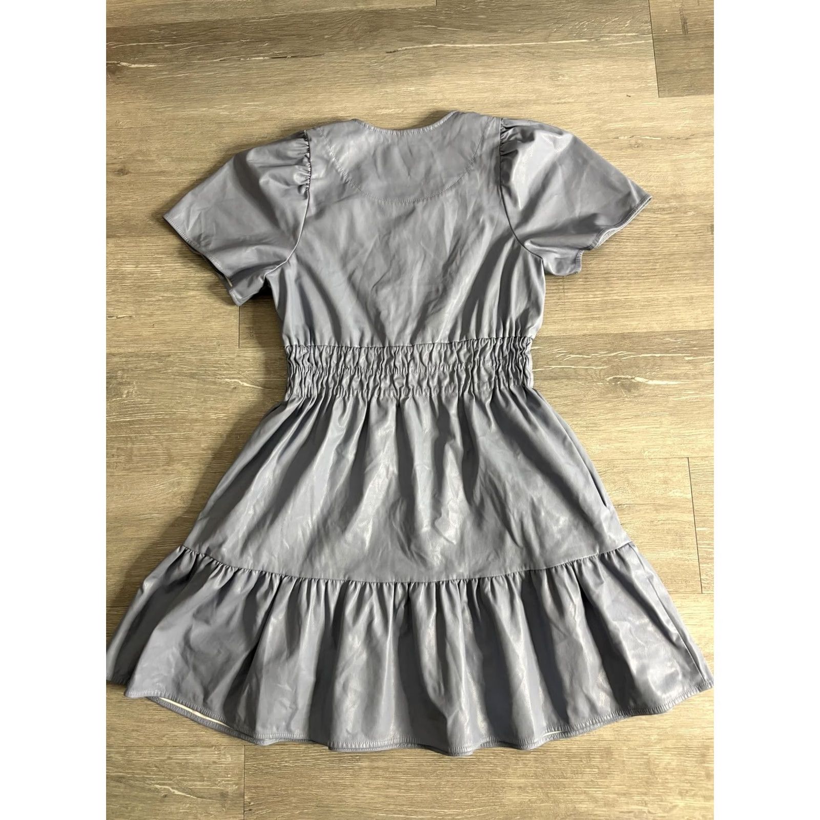 Anthropologie By Anthropologie Dress Womens S Gray Faux Leather Smocked Ruffle Hem Mini Dress Size S / US 4 / IT 40 - 4 Thumbnail