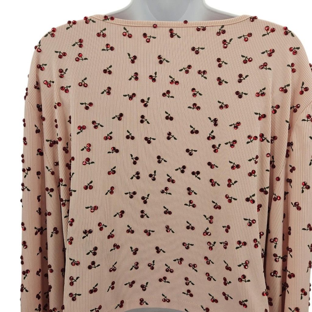 Shein Hand-Rhinestoned Pink Cherry Print Ruched Blouse Size 4XL / US 24-26 - 5 Thumbnail