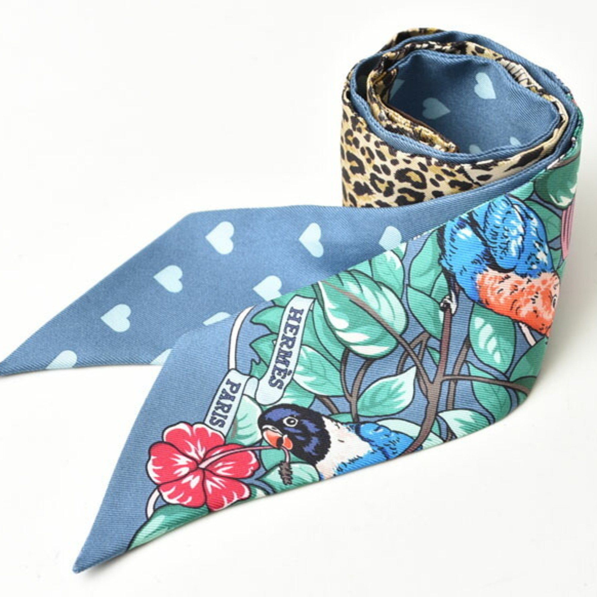 image of Hermes Twilly Scarf Muffler Hermes Silk Twill Animal Heart Motif Blue Multi, Women's