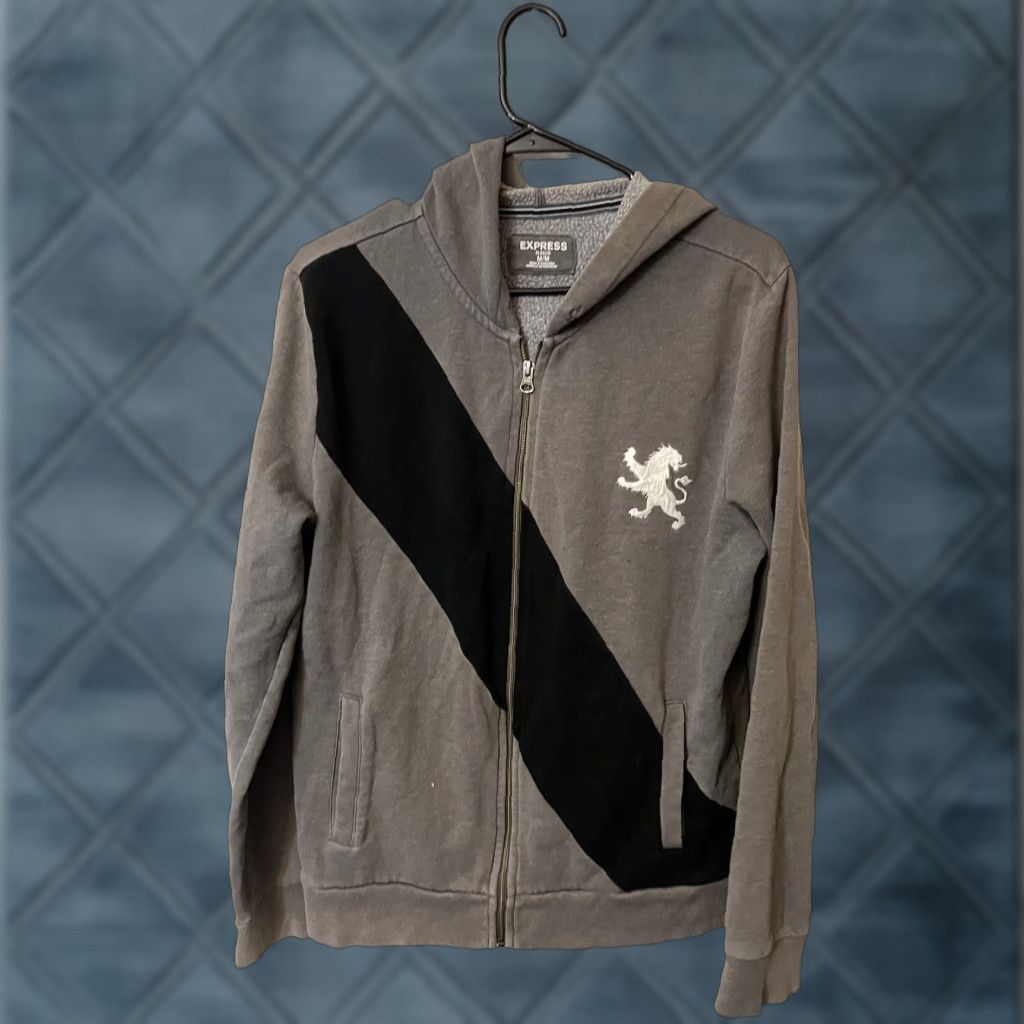 Express VINTAGE Express Fleece Hoodie - Gray Full Zip Hooded Sweater - Mens Size M - Solid - Classic - Regular Fit Size US M / EU 48-50 / 2 - 1 Thumbnail