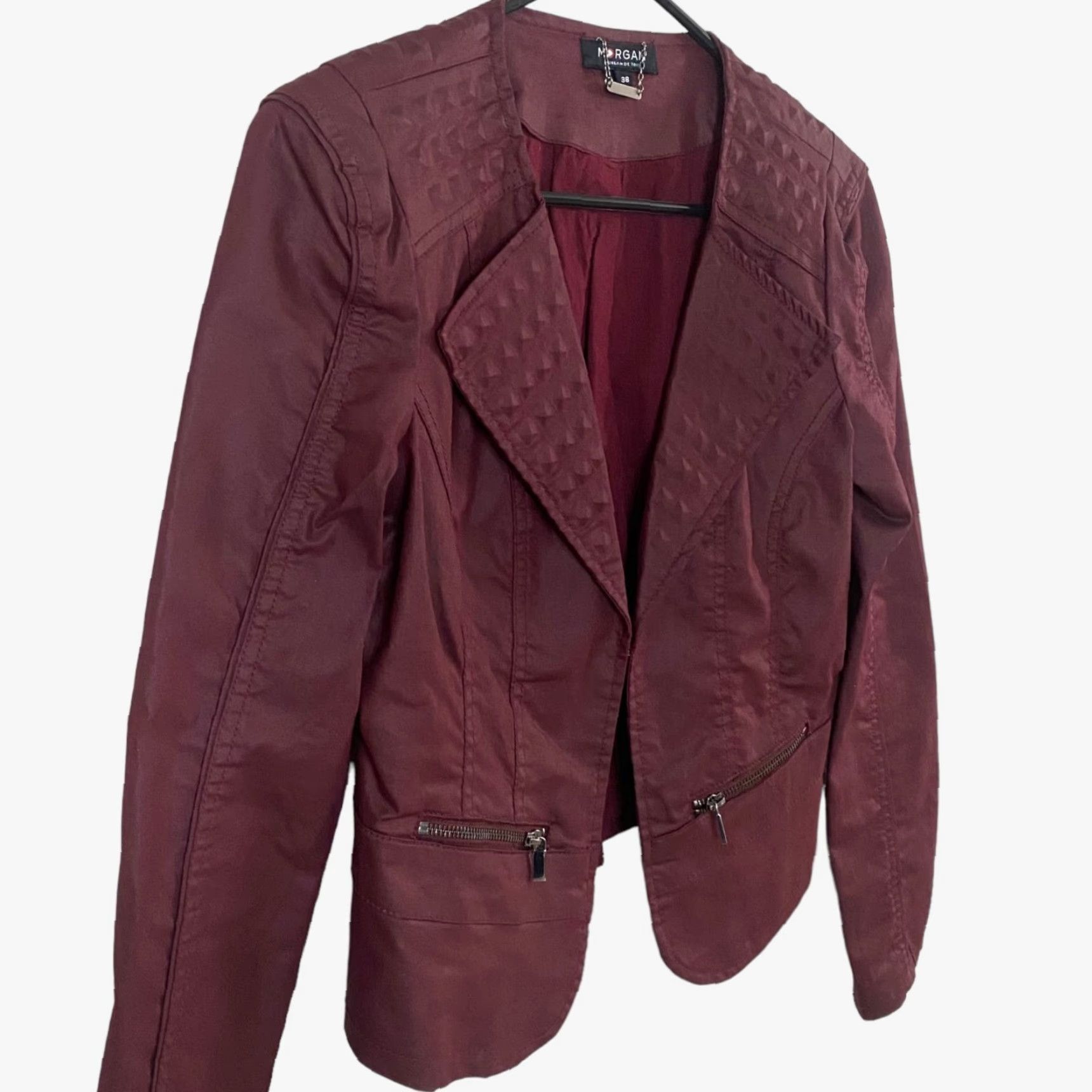 Morgan De Toi VINTAGE Morgan Studded Moto Blazer Jacket Women's 38 Burgundy Red Waxed Long Sleeve Jacket Zipped Pockets Motorcycle Theme Mens Womens Girls Size XS / US 0-2 / IT 36-38 - 4 Thumbnail