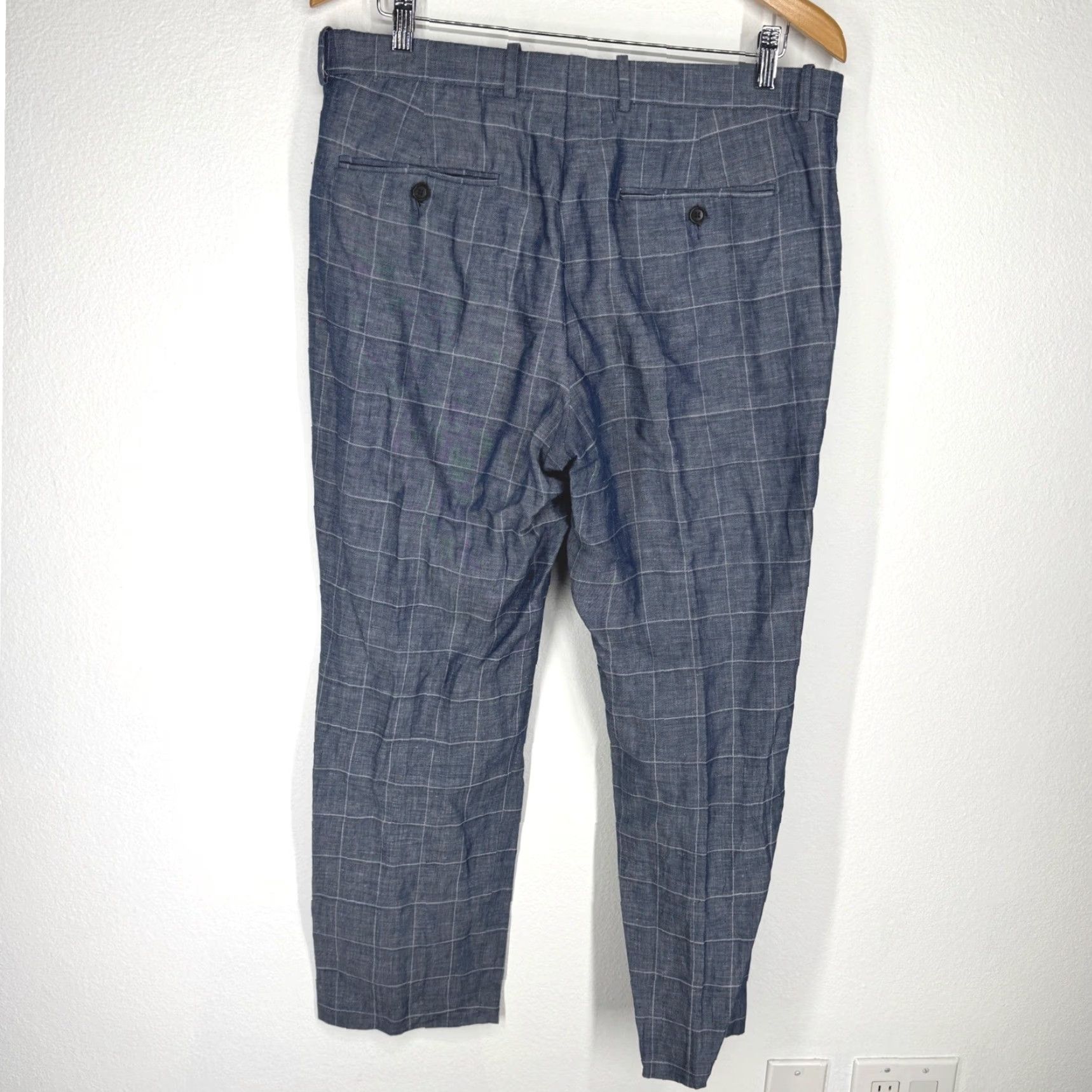 Perry Ellis Perry Ellis Portfolio Mens Blue Windowpane Linen Cotton Modern Fit Pants 33x30 Size US 33 - 7 Thumbnail