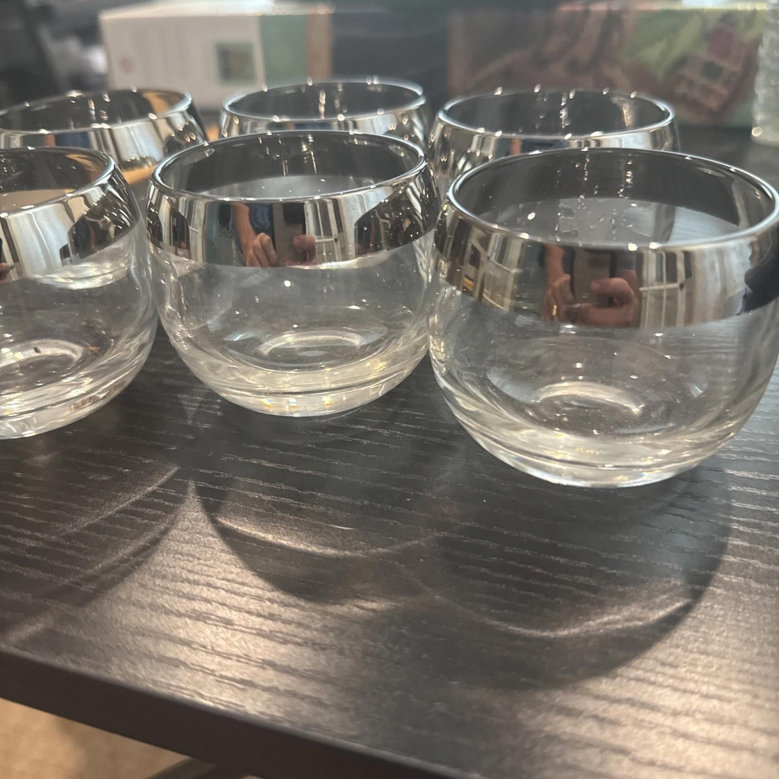 Designer Silver Rim Roly Poly Style Cocktail 6 Glasses MCM Bar Size ONE SIZE - 1 Thumbnail