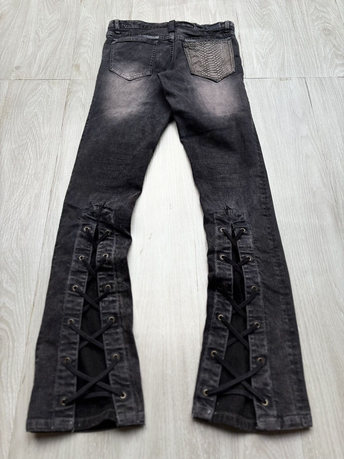 パンツ 00s SHELLAC waxed black flare denim Y2K Black Waxed Leather Stretch Jeans | Mens Y2K Flare Denim