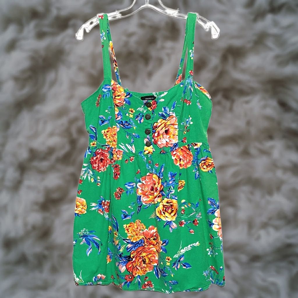 Forever 21 Forever 21+ Green Floral Sundress Adjustable Straps Smocked Womens Plus 0X Dress Short Mini Green Ladies 0X Plus Womens Size XL / US 12-14 / IT 48-50 - 1 Thumbnail