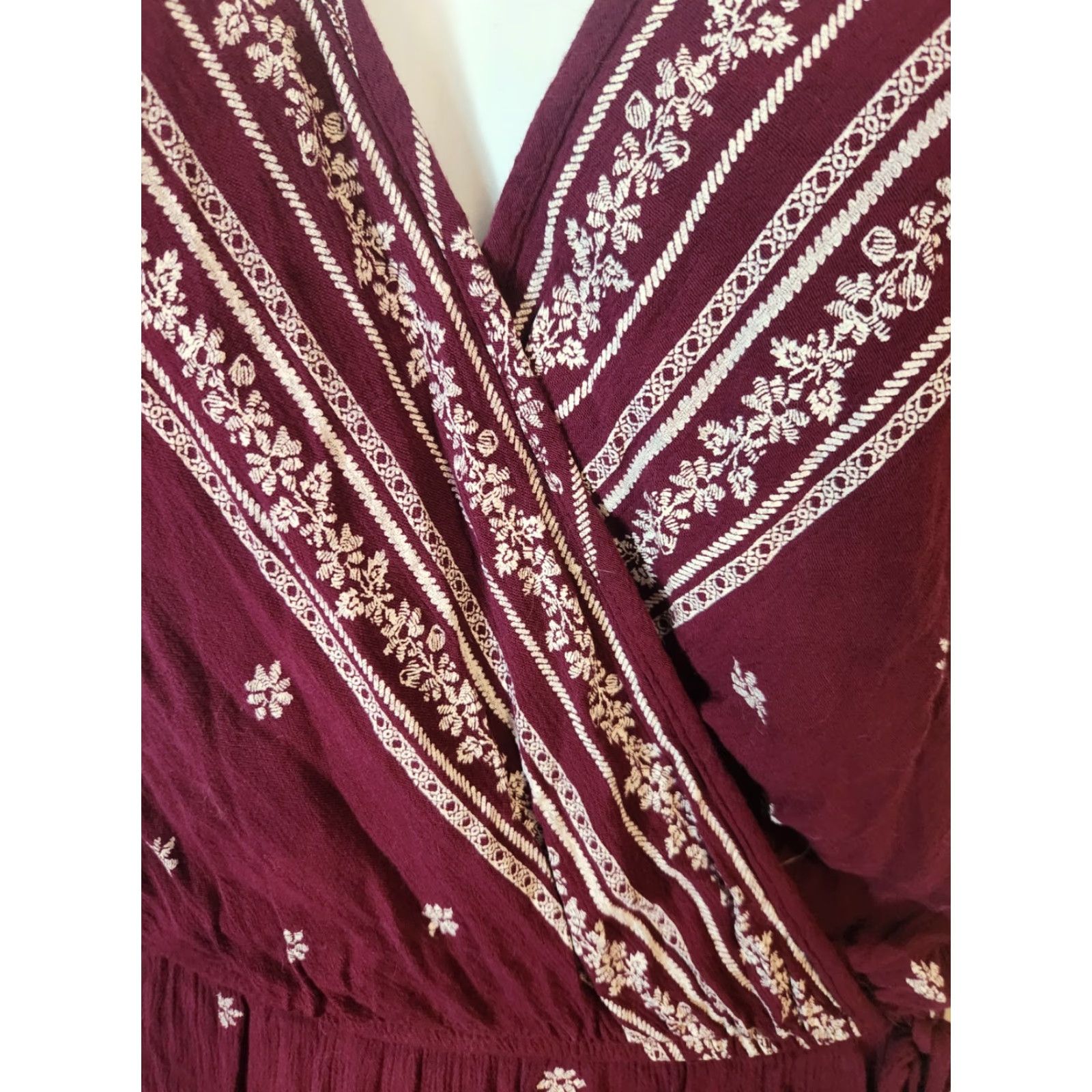 Vintage Xhilaration Maxi Dress Burgundy Floral Crinkle Cold Shoulder V-Neck Short Sleeve XL Red Hippie Boho Women Size XL / US 12-14 / IT 48-50 - 2 Thumbnail