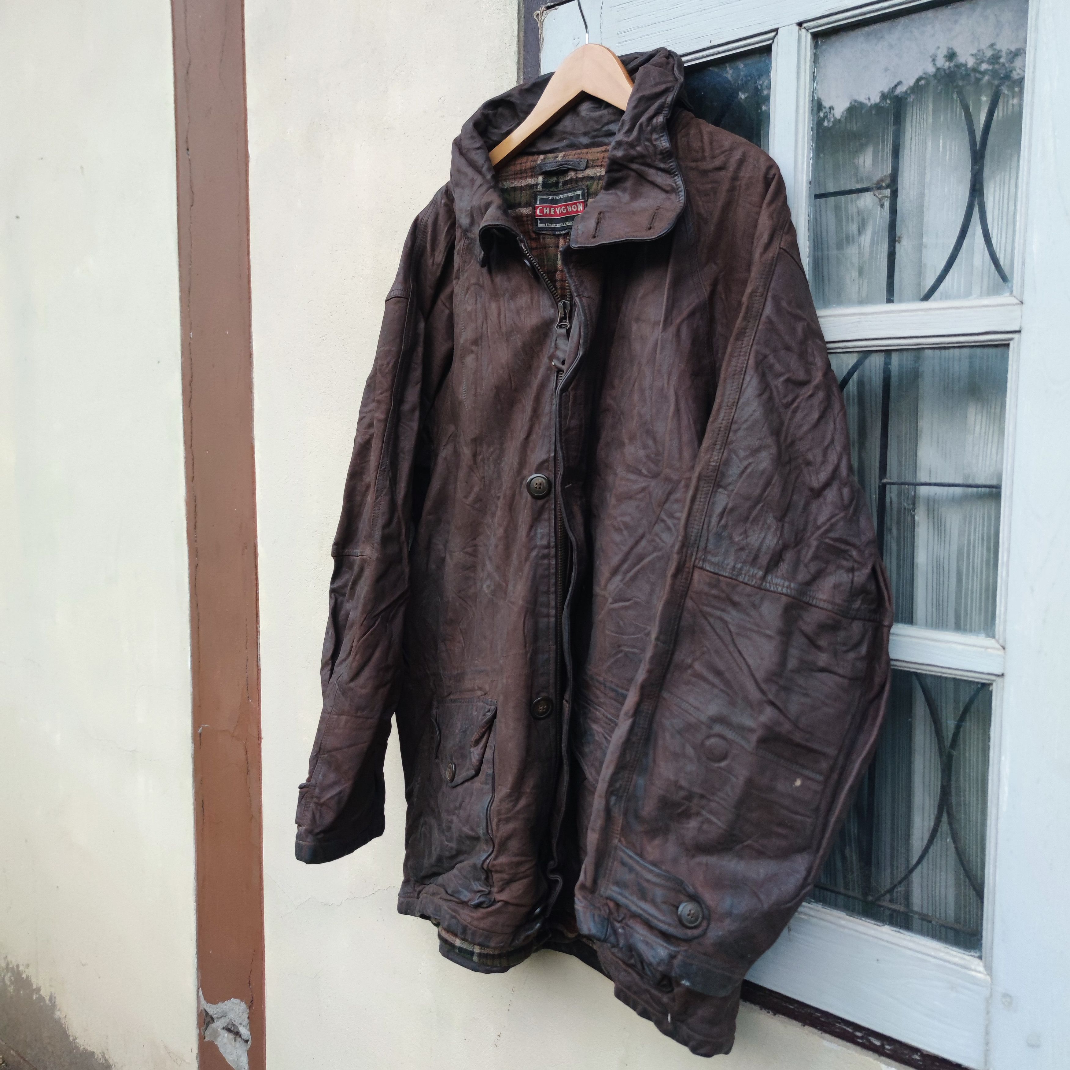 Chevignon Calfskin Leather Plaid Tartan lined Jacket