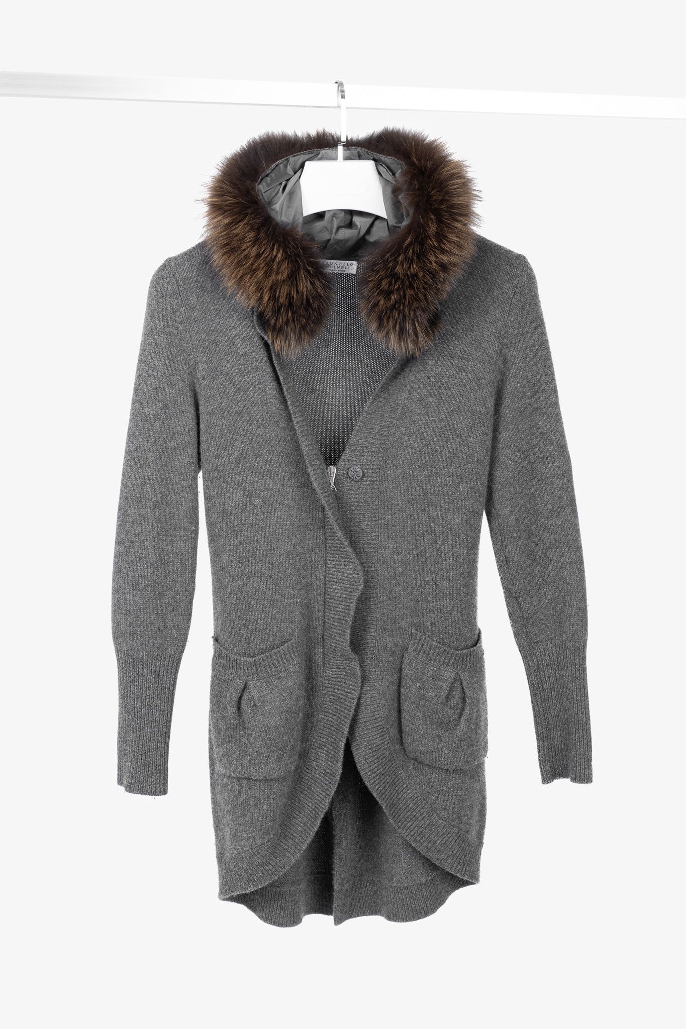 Brunello Cucinelli Brunello Cucinelli Grey Cashmere Fur-Trim-Hood Zip Cardigan Size S / US 4 / IT 40 - 1 Thumbnail