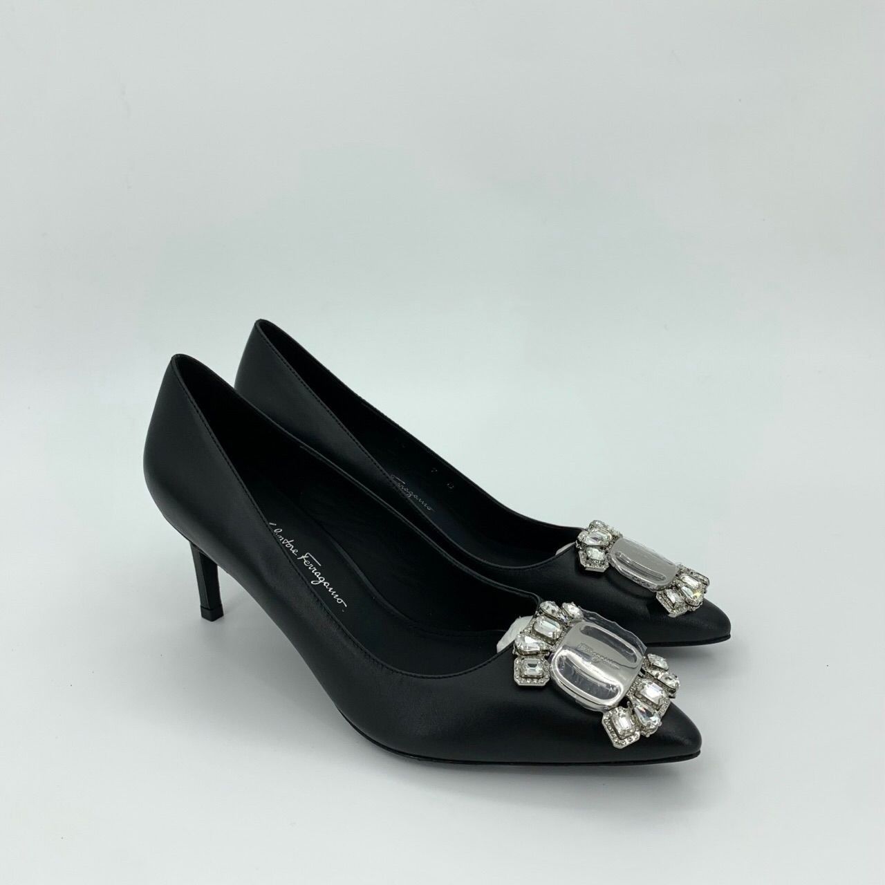 Salvatore Ferragamo Salvatore Ferragamo Black Leather Heels With Crystal Buckle Size US 7 / IT 37 - 7 Thumbnail