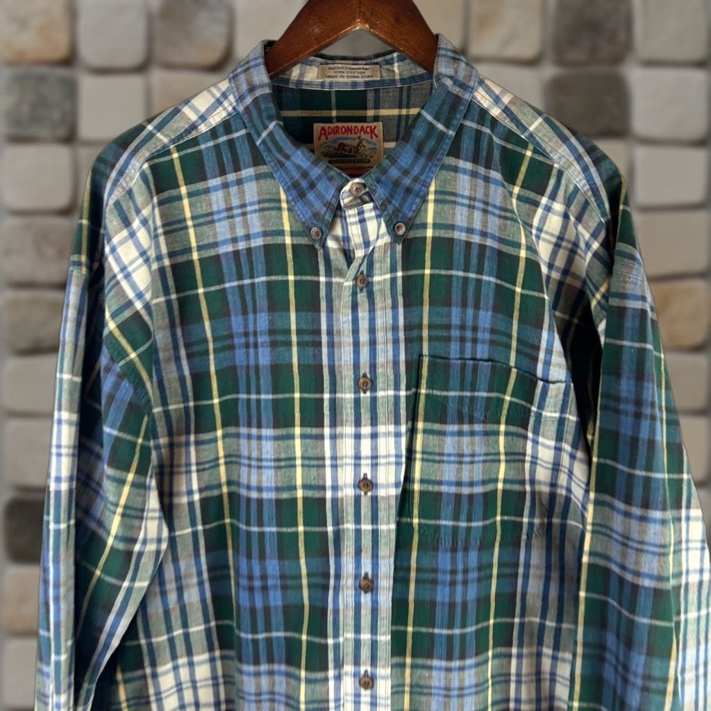 Vintage VINTAGE Adirondack Shirt Indigo Chambray Plaid Long Sleeve Button Up Mens 2XL Green Plaid Button-Up Chest Pocket Casual Fall Winter Mens Size US XXL / EU 58 / 5 - 1 Thumbnail