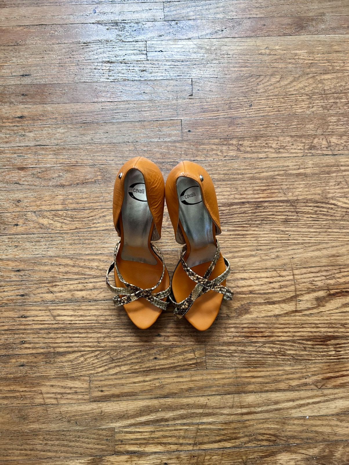 Roberto Cavalli Roberto Cavalli Orange & Black Heels with Snakeskin Straps Size US 7.5 / IT 37.5 - 2 Thumbnail