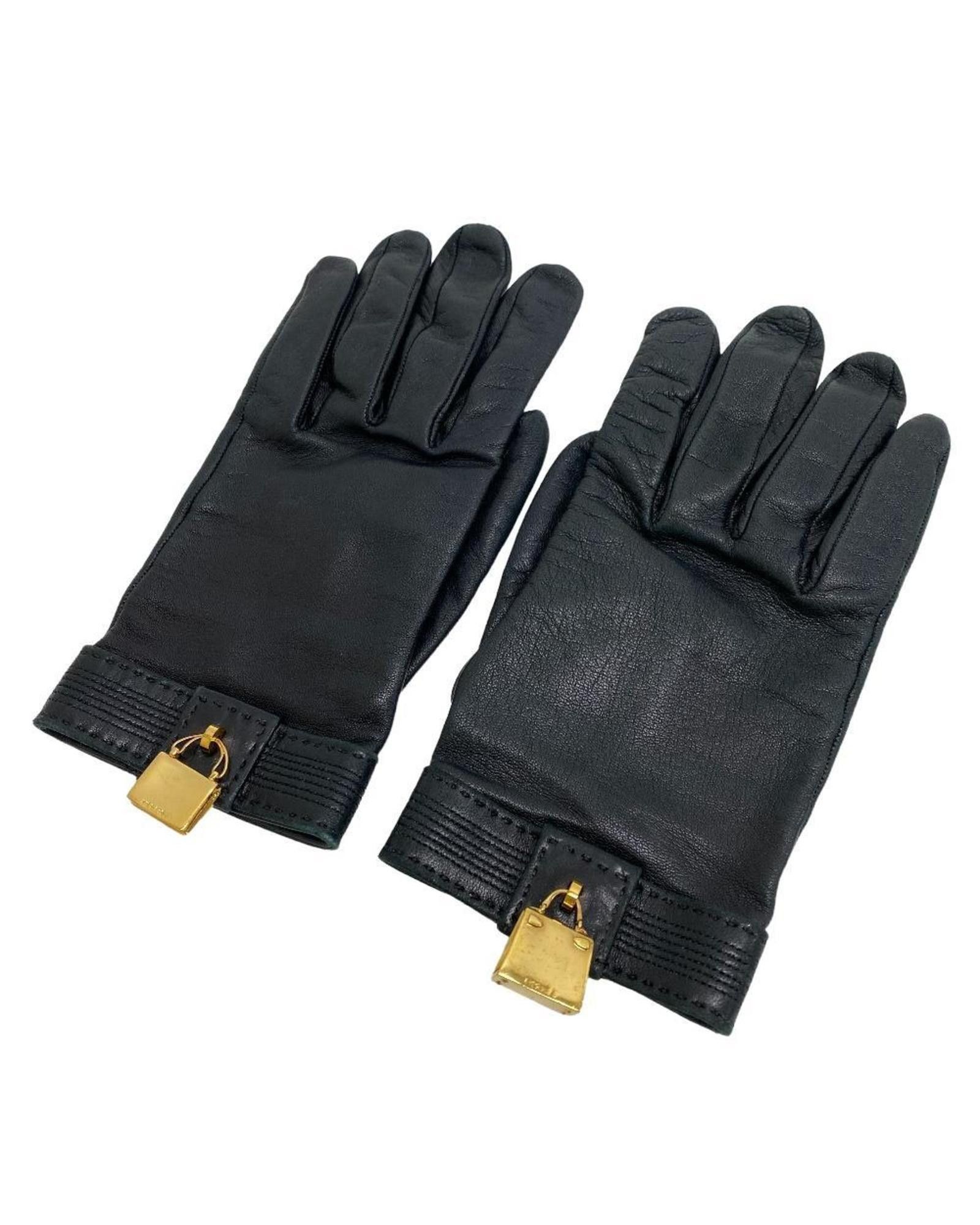 image of Hermes Black Leather Gloves With Gold Accents, Women's