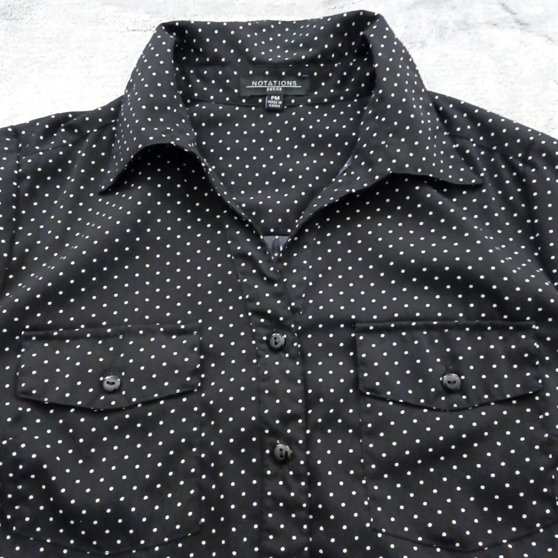 Vintage Notations Petite Shirt Womens PM Black Polka Dot Long Sleeve Button-Up Collared Pocketed NM Size M / US 6-8 / IT 42-44 - 2 Thumbnail
