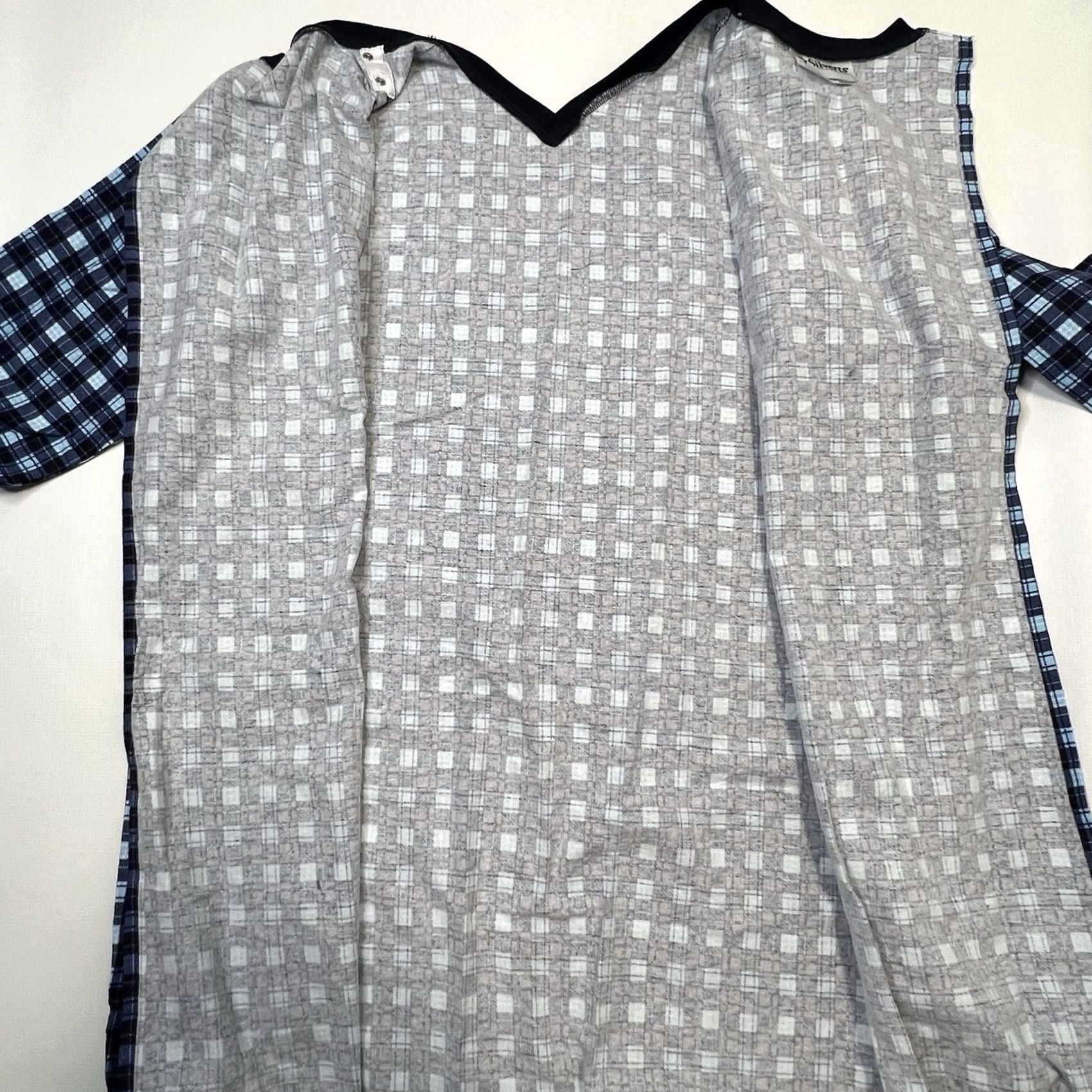 Vintage VINTAGE? (No) Silverts Nightgown Womens Gown Blue Knit Snaps Open Back 3/4 Sleeve Plaid V-Neck Large Medical Hospital Adapt I can't include "?" Size L / US 10 / IT 46 - 3 Thumbnail