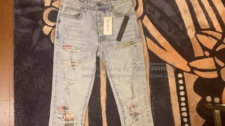 Amiri Amiri Classic Hawaiian floral patchwork destroyed blue jea Size US 31 - 3 Thumbnail