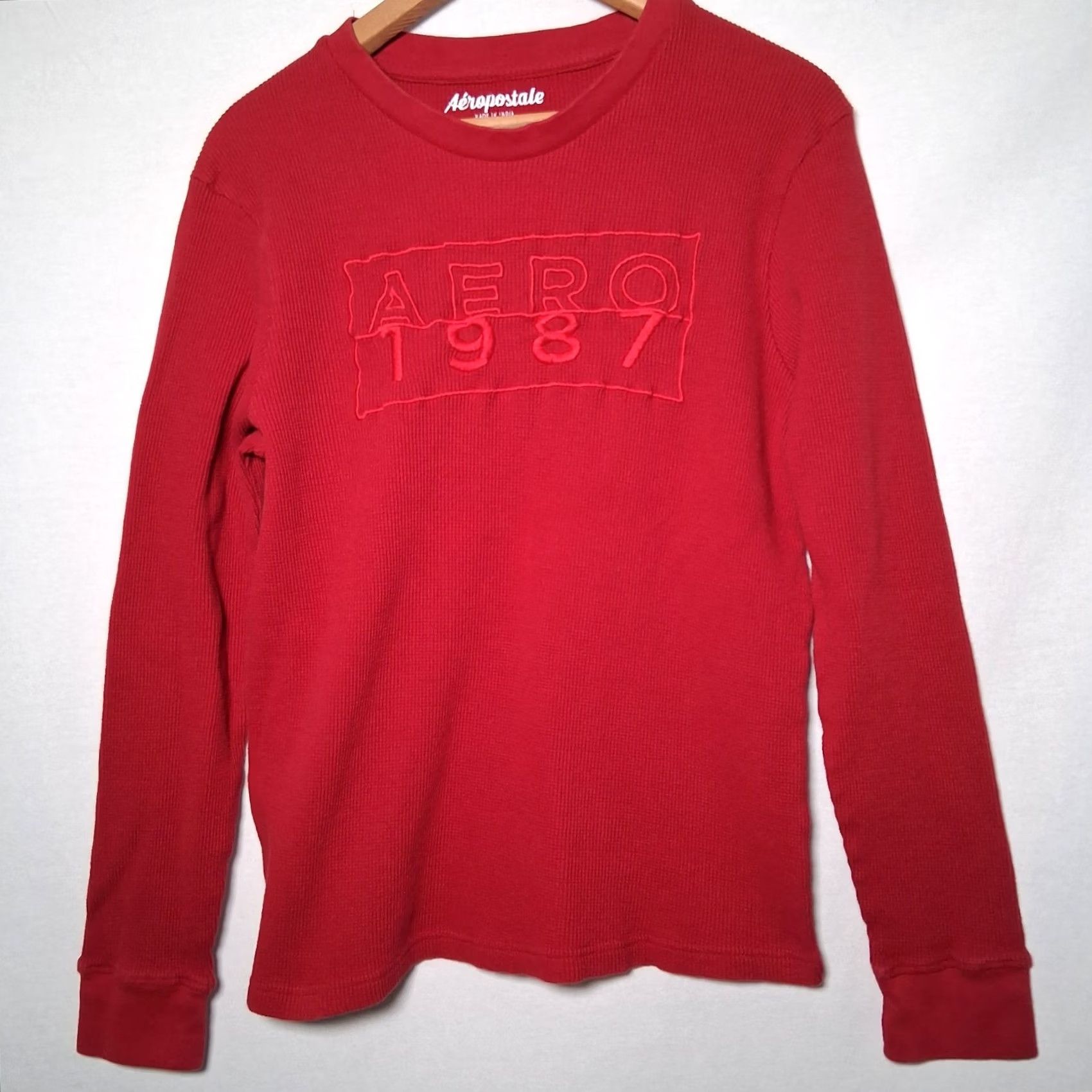 Aeropostale AERO 1987 Aeropostale Thermal Shirt Men L Red Slim Fit Cotton Knit Crew Neck Long Sleeve Waffle T-Shirt Size US L / EU 52-54 / 3 - 3 Thumbnail