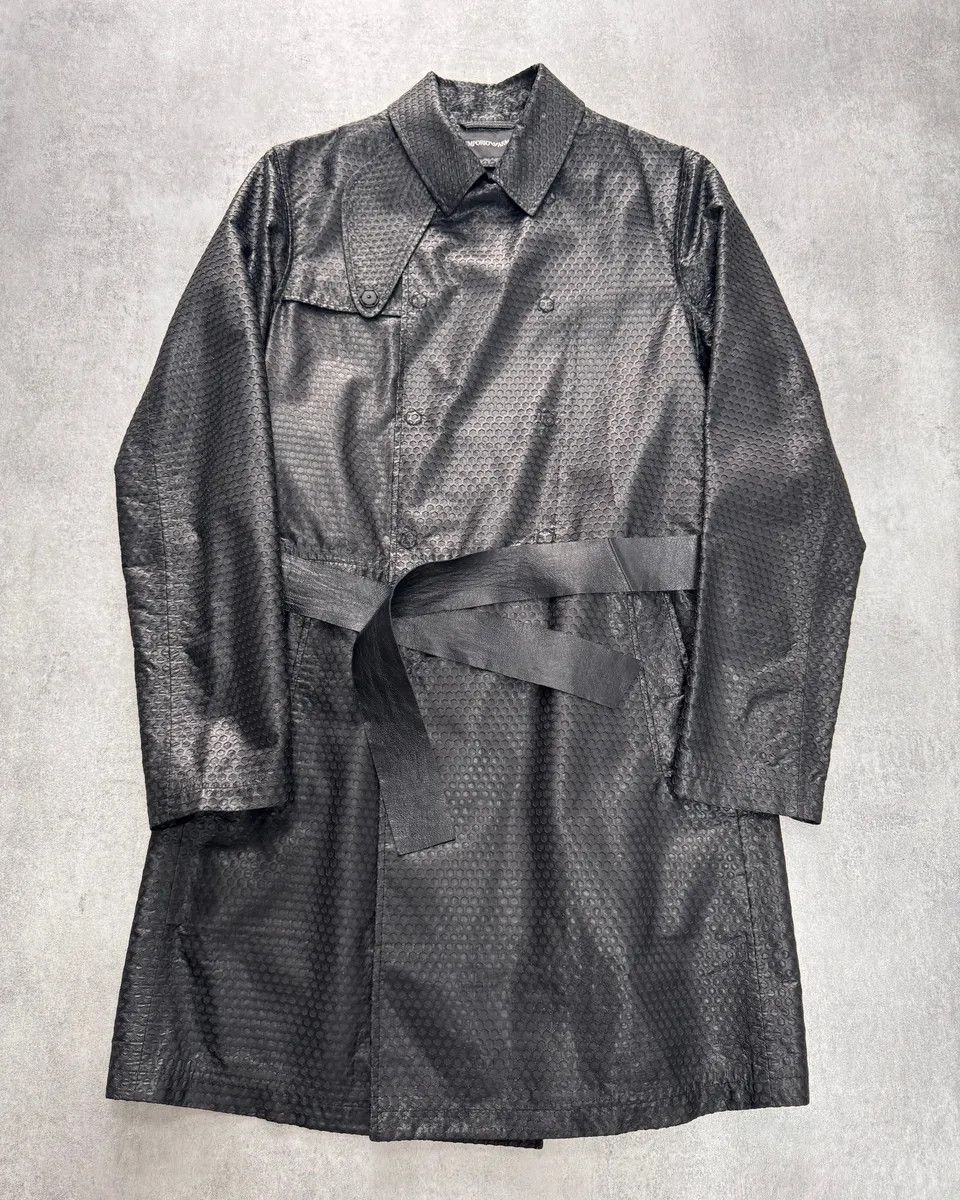 Emporio Armani × Vintage FW2013 Emporio Armani Honeycomb Black Leather Trench Coat Size US M / EU 48-50 / 2 - 1 Thumbnail