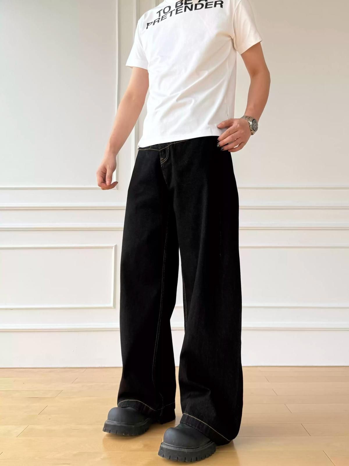 Other Black Wide-Leg Cuffed Jeans Size US 32 / EU 48 - 2 Thumbnail