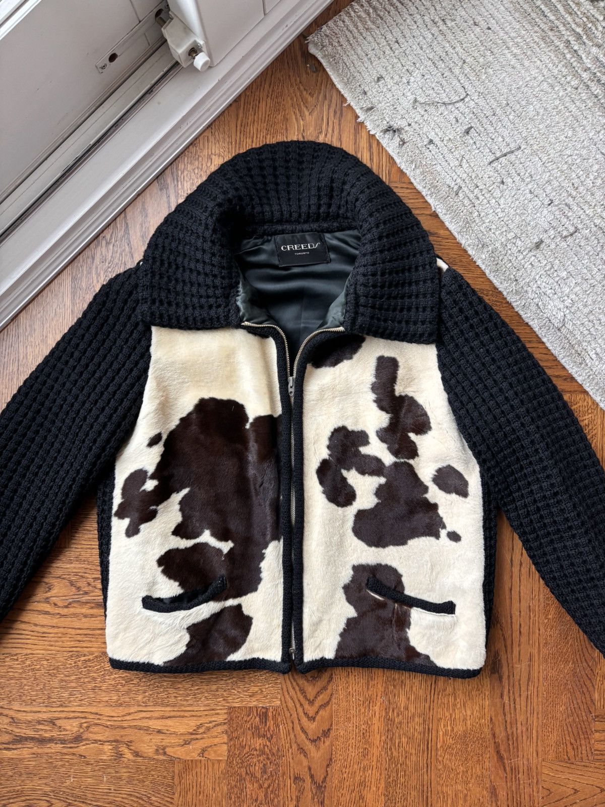 image of Leather Jacket x Mink Fur Coat Vintage Cow Hide Coat Pony Hair Knit Cardigan Wool Fur Crop in Black