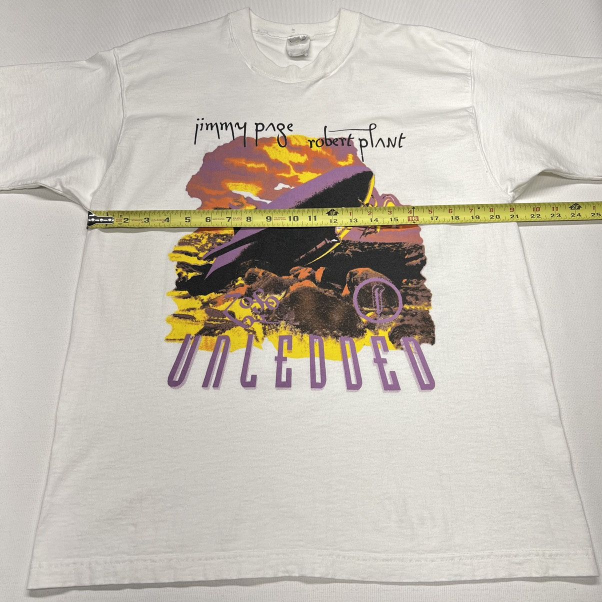 Band Tees × Vintage VTG Jimmy Page Robert Plant Tee Shirt White Tour Unledded Size US L / EU 52-54 / 3 - 21 Thumbnail