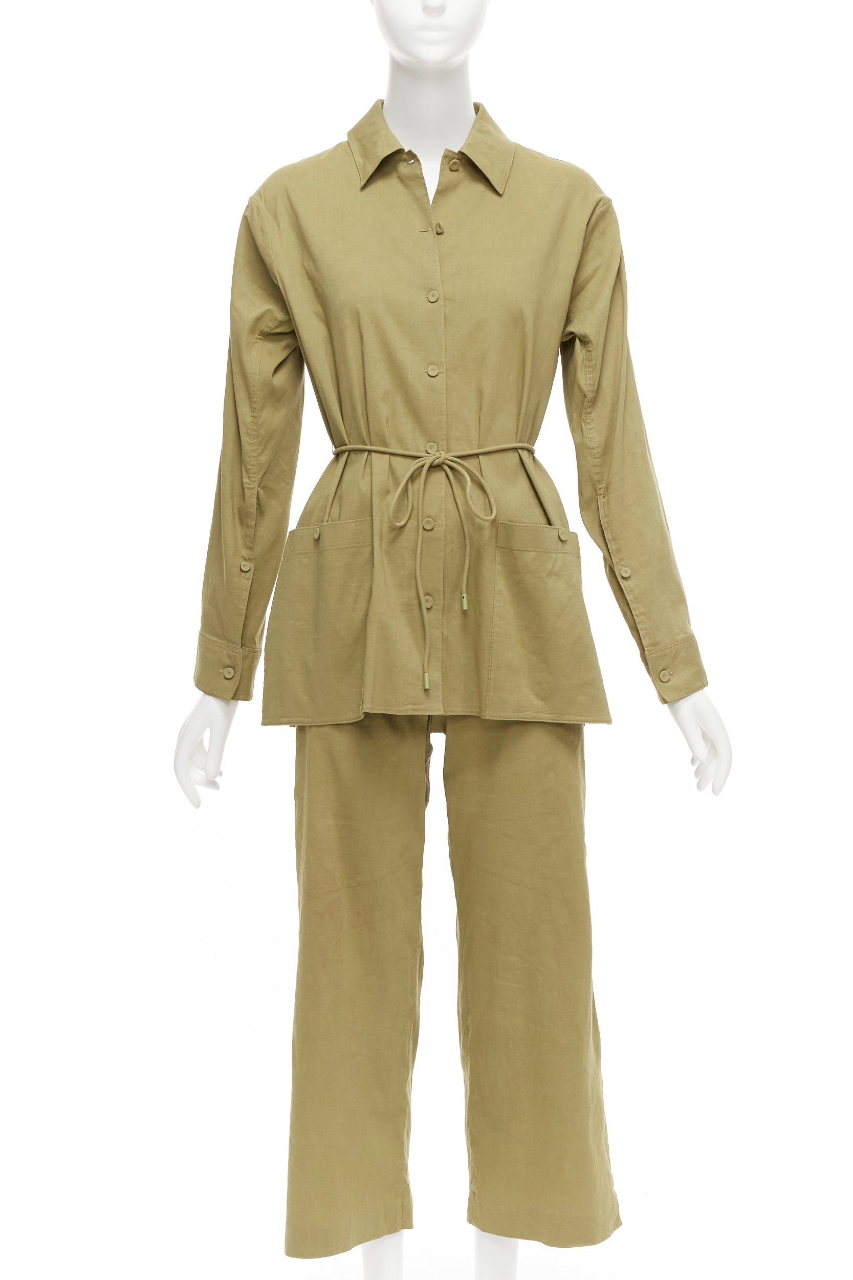 Theory THEORY olive green linen blend tie belt relaxed jacket wide leg pants set US0 XS Size XS / US 0-2 / IT 36-38 - 1 Thumbnail