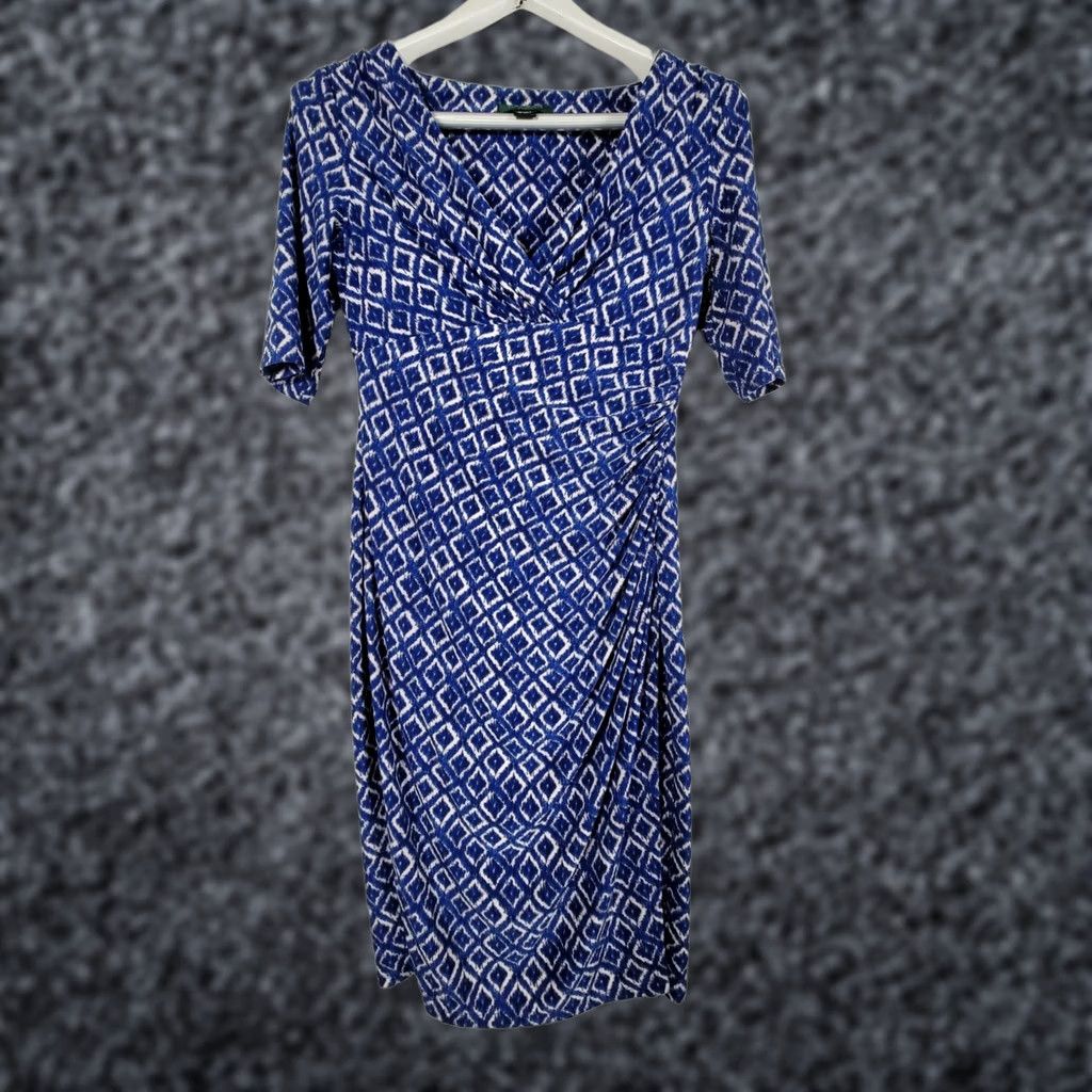 Ralph Lauren Lauren Ralph Lauren Womens Blue Ikat Faux Wrap Dress Short Sleeve Ruched Size 6 Knee Length V-Neck Pullover Dress Casual/Business Womens Size 28" / US 6 / IT 42 - 1 Thumbnail