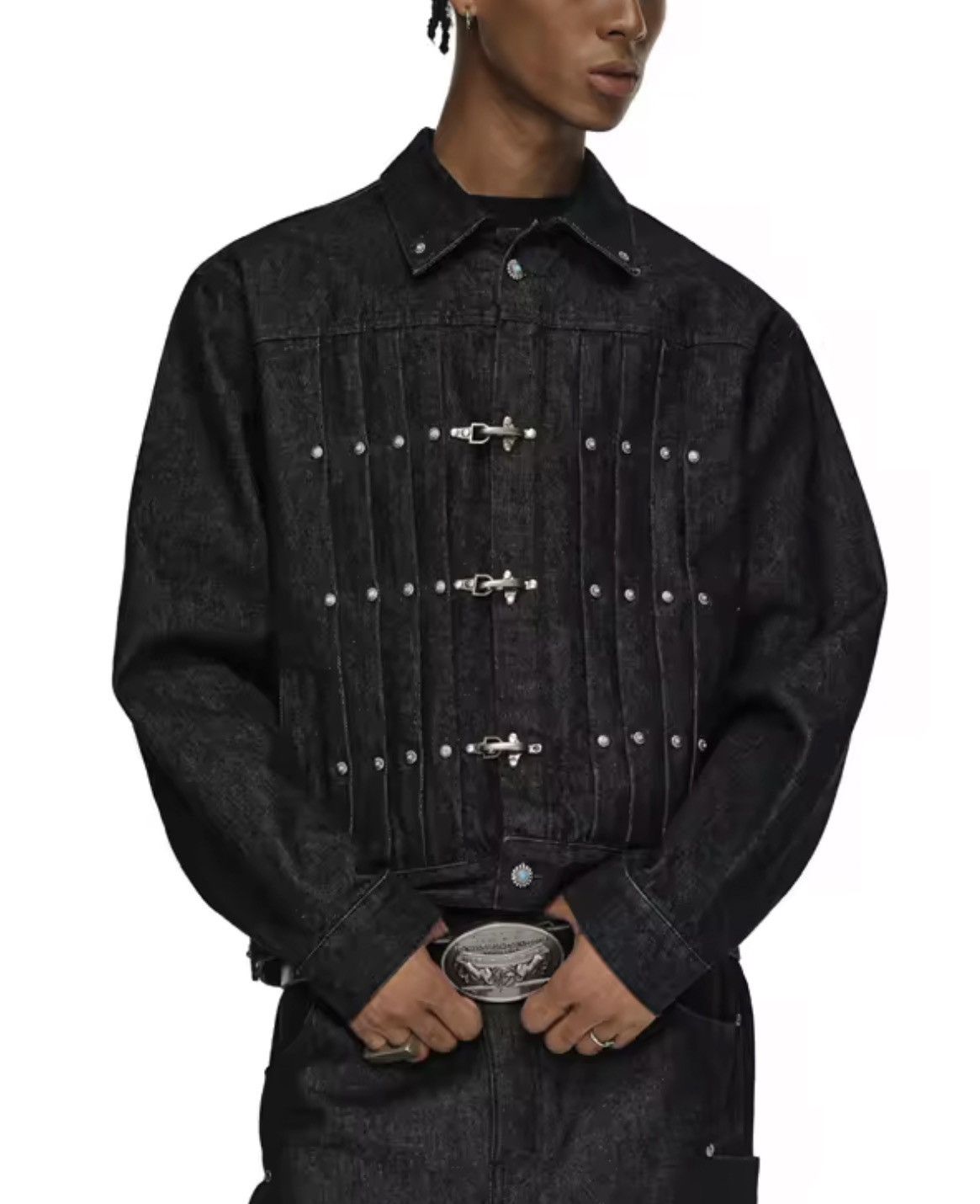 Japanese Brand Fireman Clasp Black Cropped Denim Jacket Size US M / EU 48-50 / 2 - 4 Thumbnail